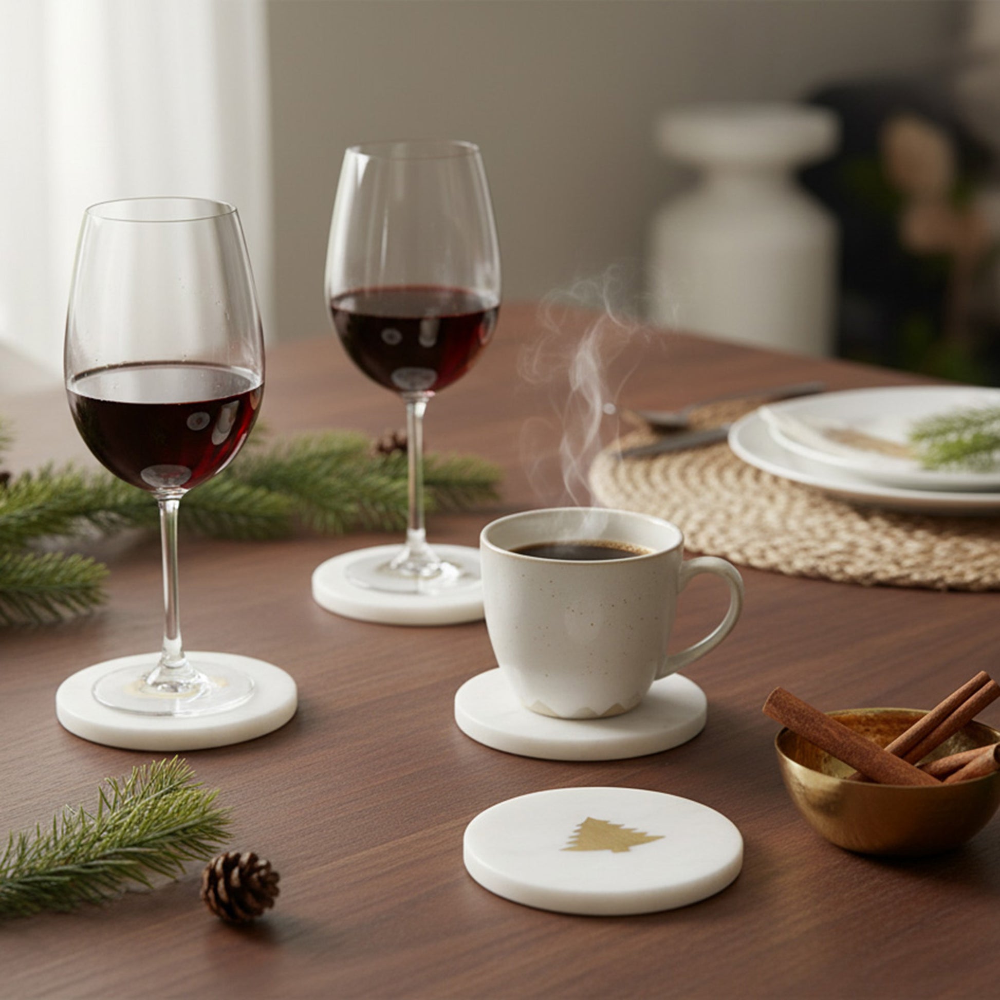White Marble Round Coaster With Brass Inlay Tree Set of 4, Coaster Set, Holiday Decor
