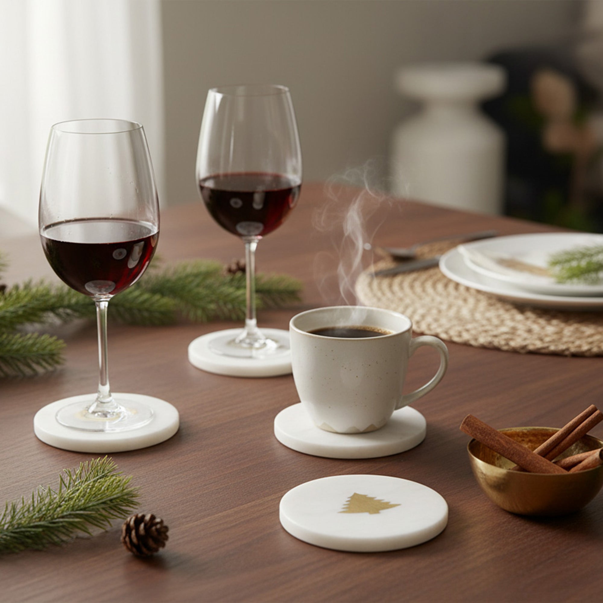 White Marble Round Coaster With Brass Inlay Tree Set of 4, Coaster Set, Holiday Decor