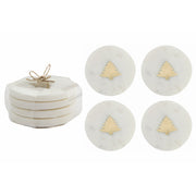 White Marble Round Coaster With Brass Inlay Tree Set of 4, Coaster Set, Holiday Decor
