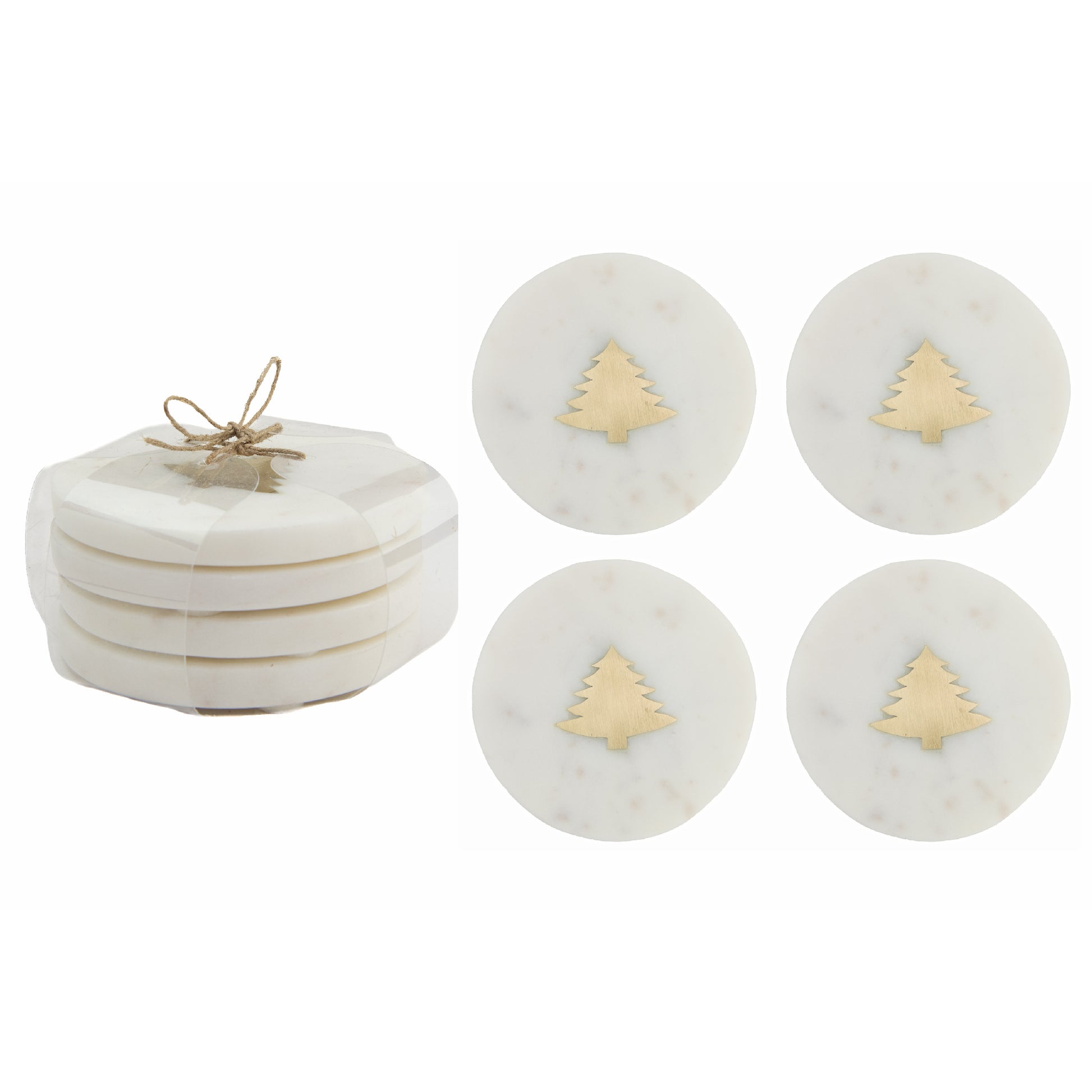 White Marble Round Coaster With Brass Inlay Tree Set of 4, Coaster Set, Holiday Decor