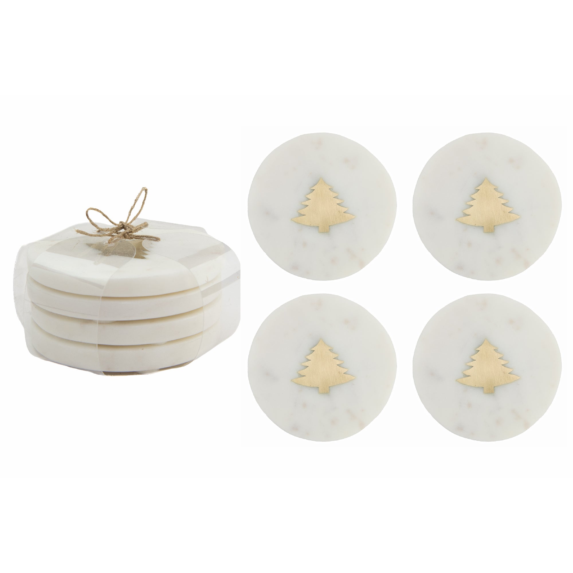 White Marble Round Coaster With Brass Inlay Tree Set of 4, Coaster Set, Holiday Decor