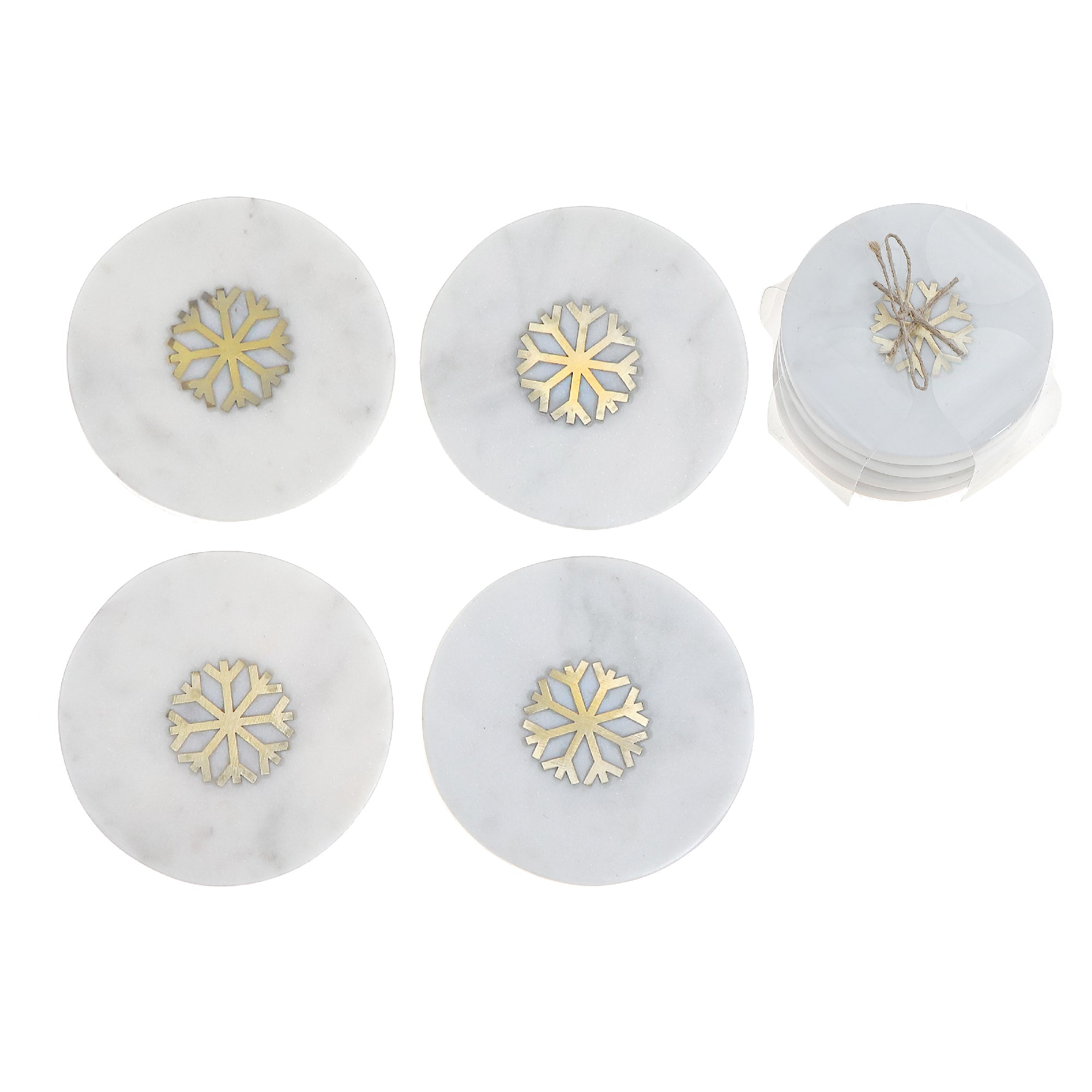 4 Piece White Marble Round Coaster with Snowflake Brass Inlay 4 by 4 Inches, Christmas Table Decor, Holiday Coasters