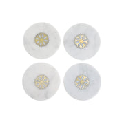 4 Piece White Marble Round Coaster with Snowflake Brass Inlay 4 by 4 Inches, Christmas Table Decor, Holiday Coasters