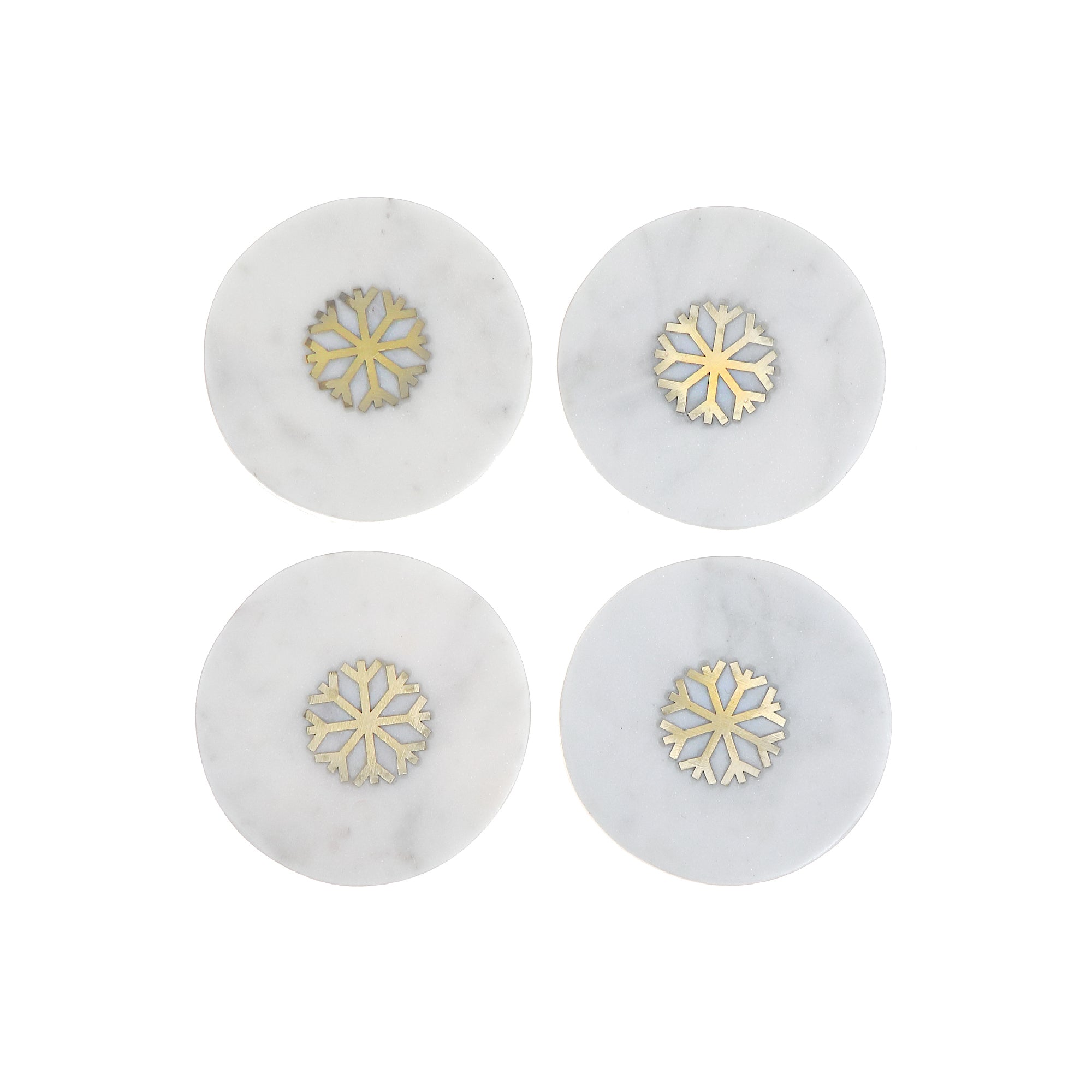 4 Piece White Marble Round Coaster with Snowflake Brass Inlay 4 by 4 Inches, Christmas Table Decor, Holiday Coasters