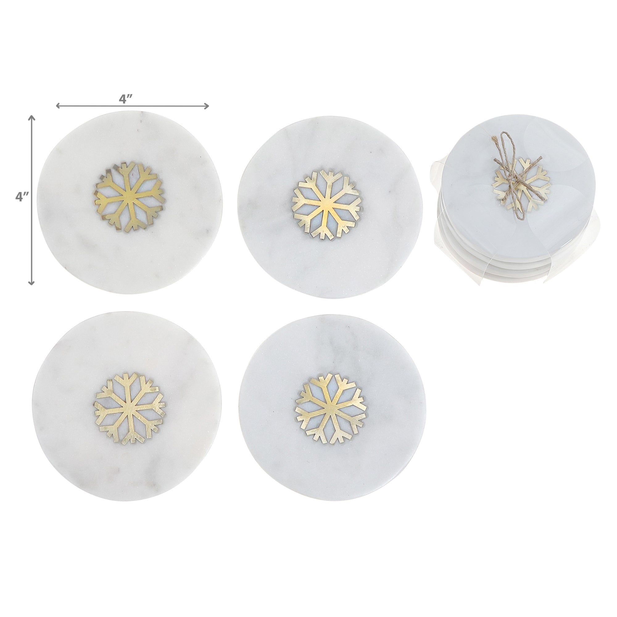 4 Piece White Marble Round Coaster with Snowflake Brass Inlay 4 by 4 Inches, Christmas Table Decor, Holiday Coasters