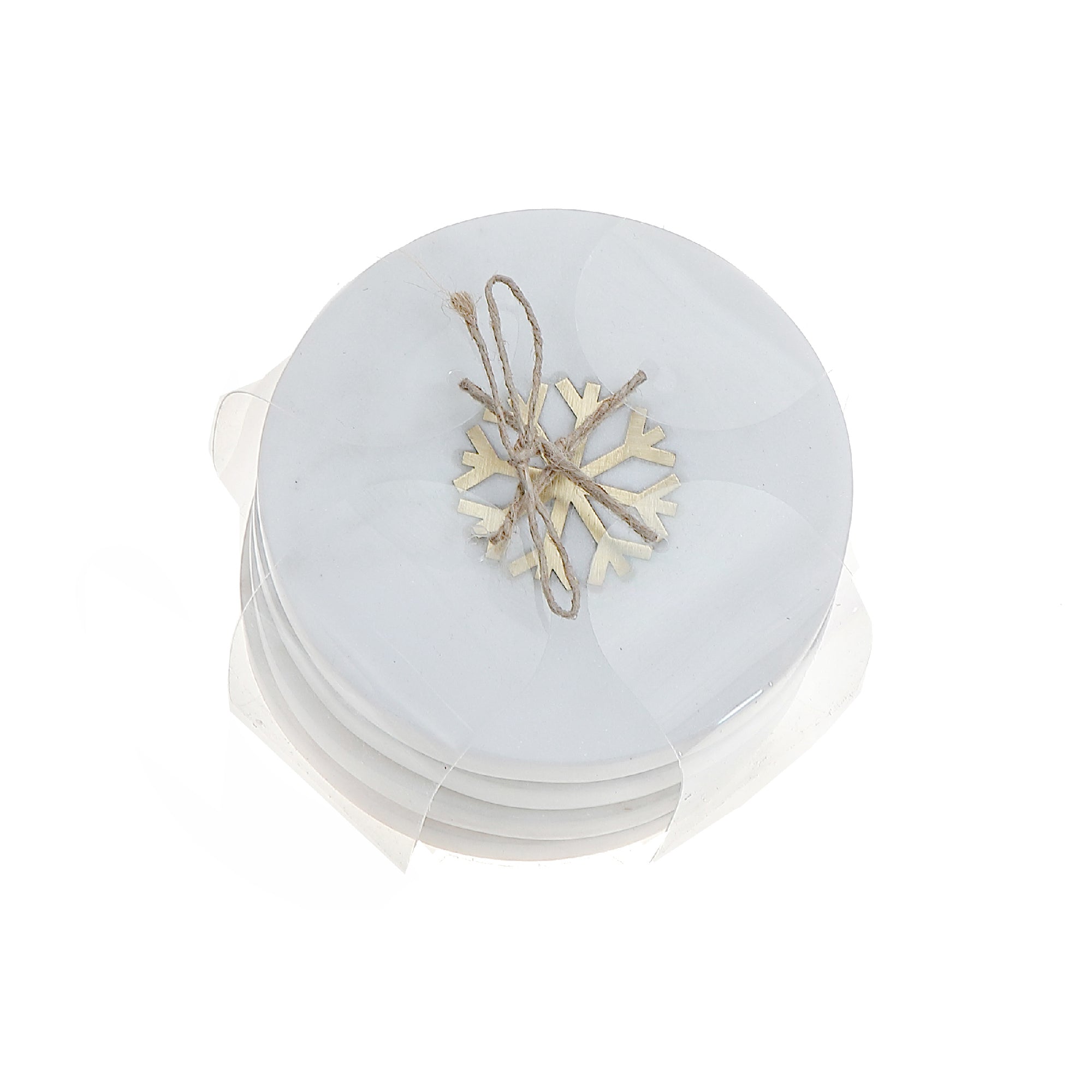4 Piece White Marble Round Coaster with Snowflake Brass Inlay 4 by 4 Inches, Christmas Table Decor, Holiday Coasters