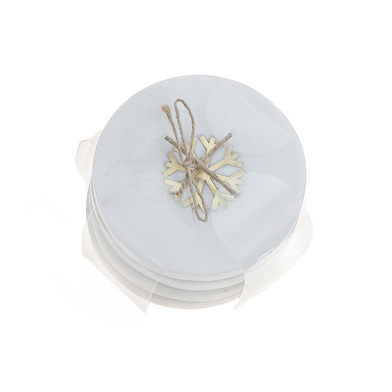 4Pc White Marble Round Coaster W/ Snowflake Brass Inlay (4X4")