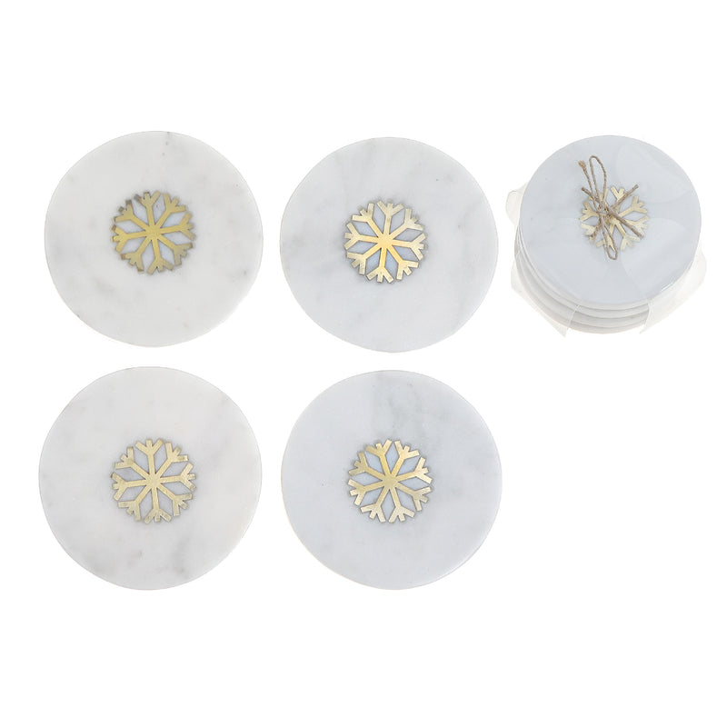 4Pc White Marble Round Coaster W/ Snowflake Brass Inlay (4X4")