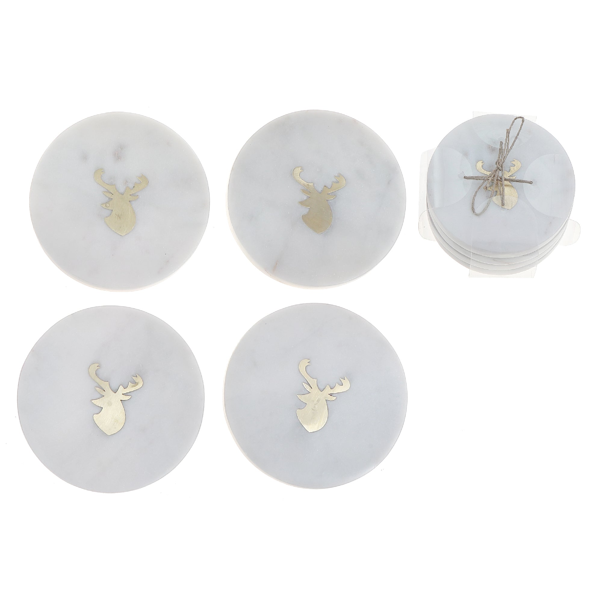 4 Piece White Marble Round Coaster with Deer Head Brass Inlay 4 by 4 Inches, Holiday Table Decor, Festive Coasters