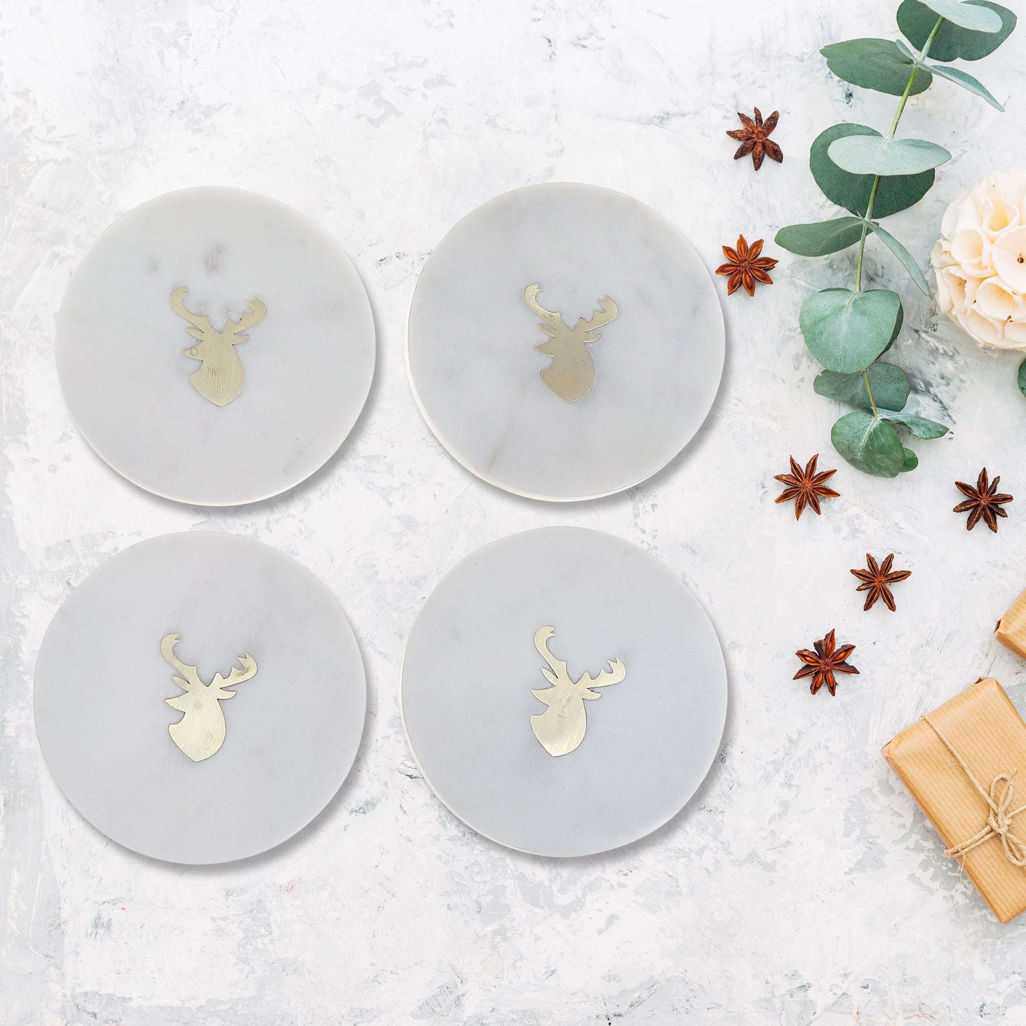 4 Piece White Marble Round Coaster with Deer Head Brass Inlay 4 by 4 Inches, Holiday Table Decor, Festive Coasters