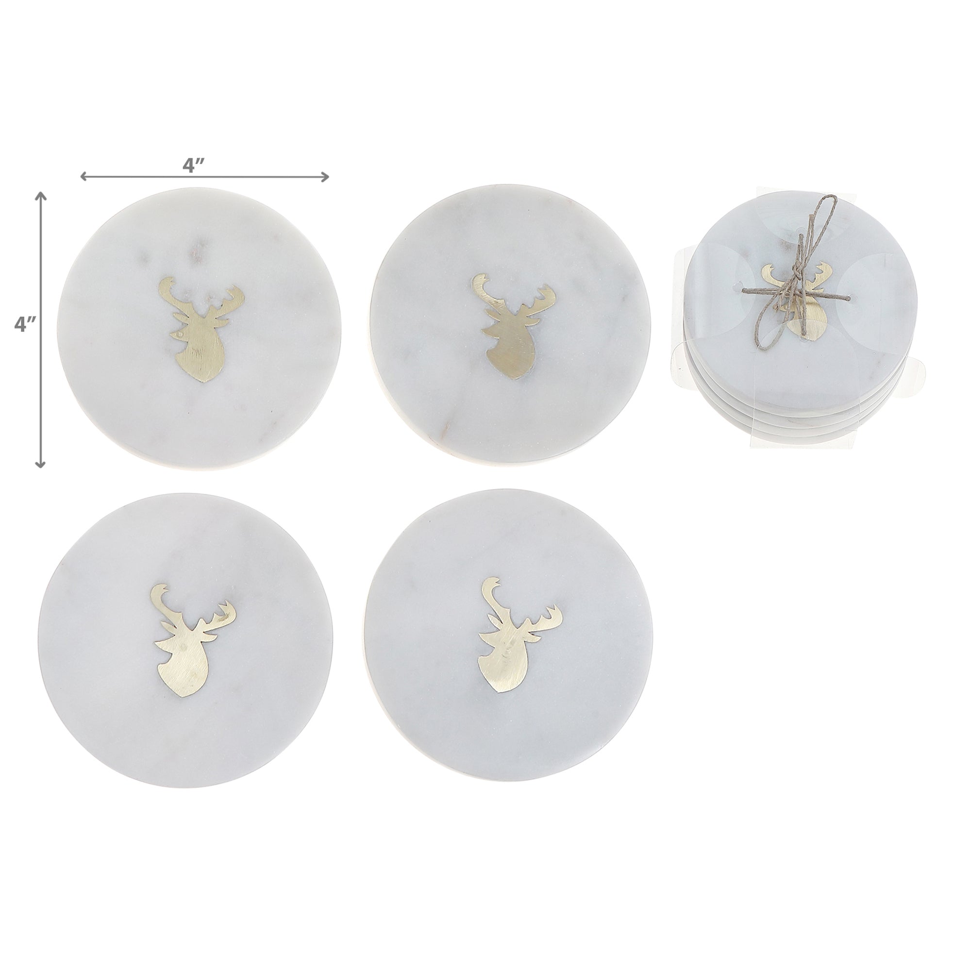 4 Piece White Marble Round Coaster with Deer Head Brass Inlay 4 by 4 Inches, Holiday Table Decor, Festive Coasters