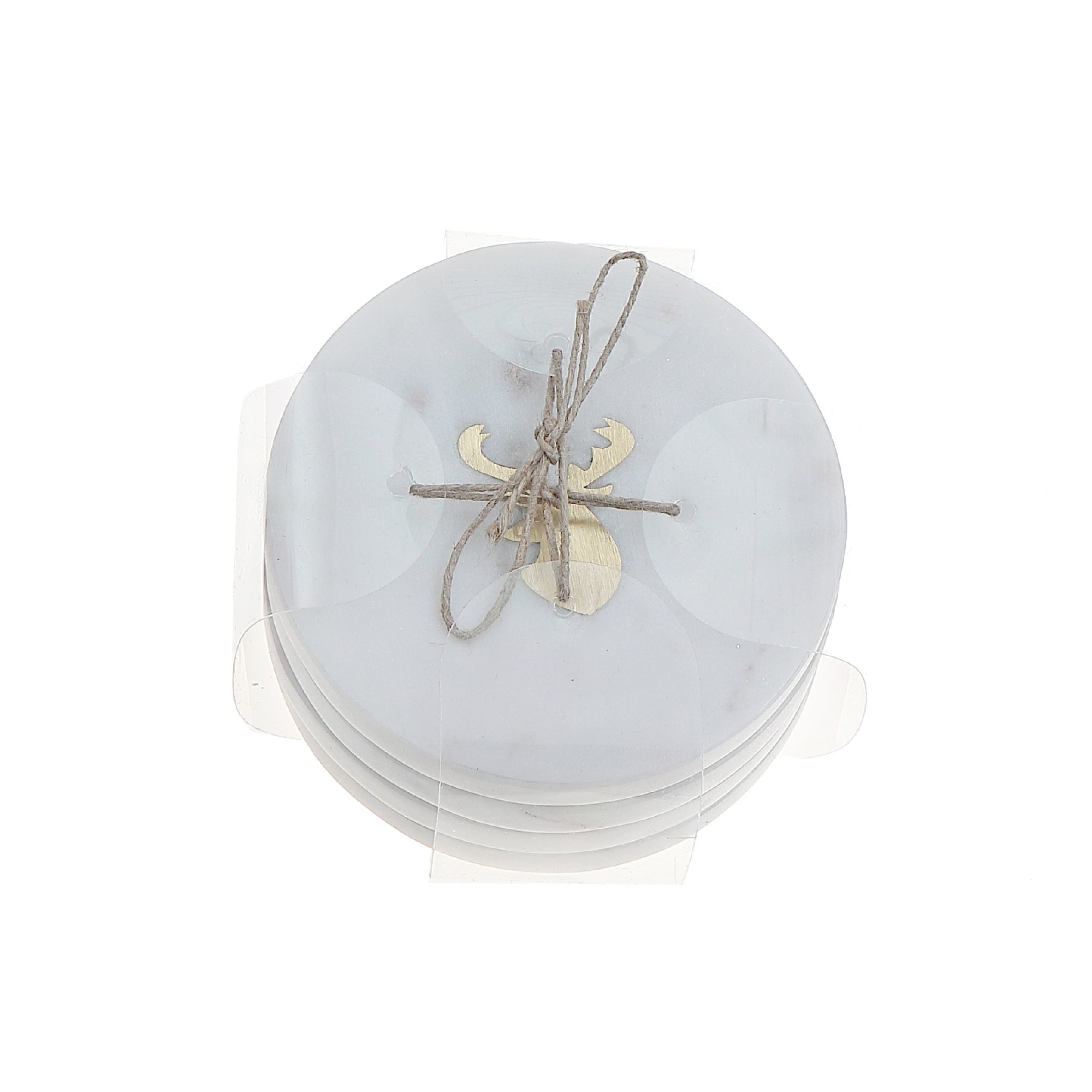 4 Piece White Marble Round Coaster with Deer Head Brass Inlay 4 by 4 Inches, Holiday Table Decor, Festive Coasters