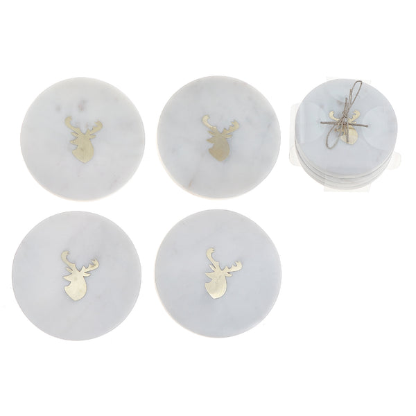 4Pc White Marble Round Coaster W/ Deer Head Brass Inlay (4X4")
