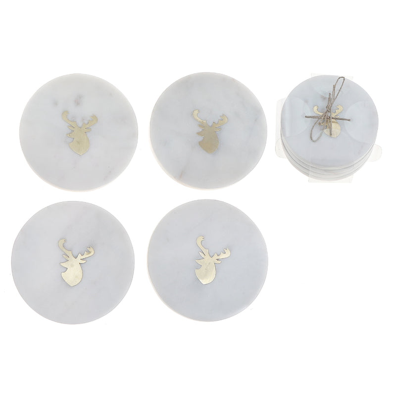 4Pc White Marble Round Coaster W/ Deer Head Brass Inlay (4X4")