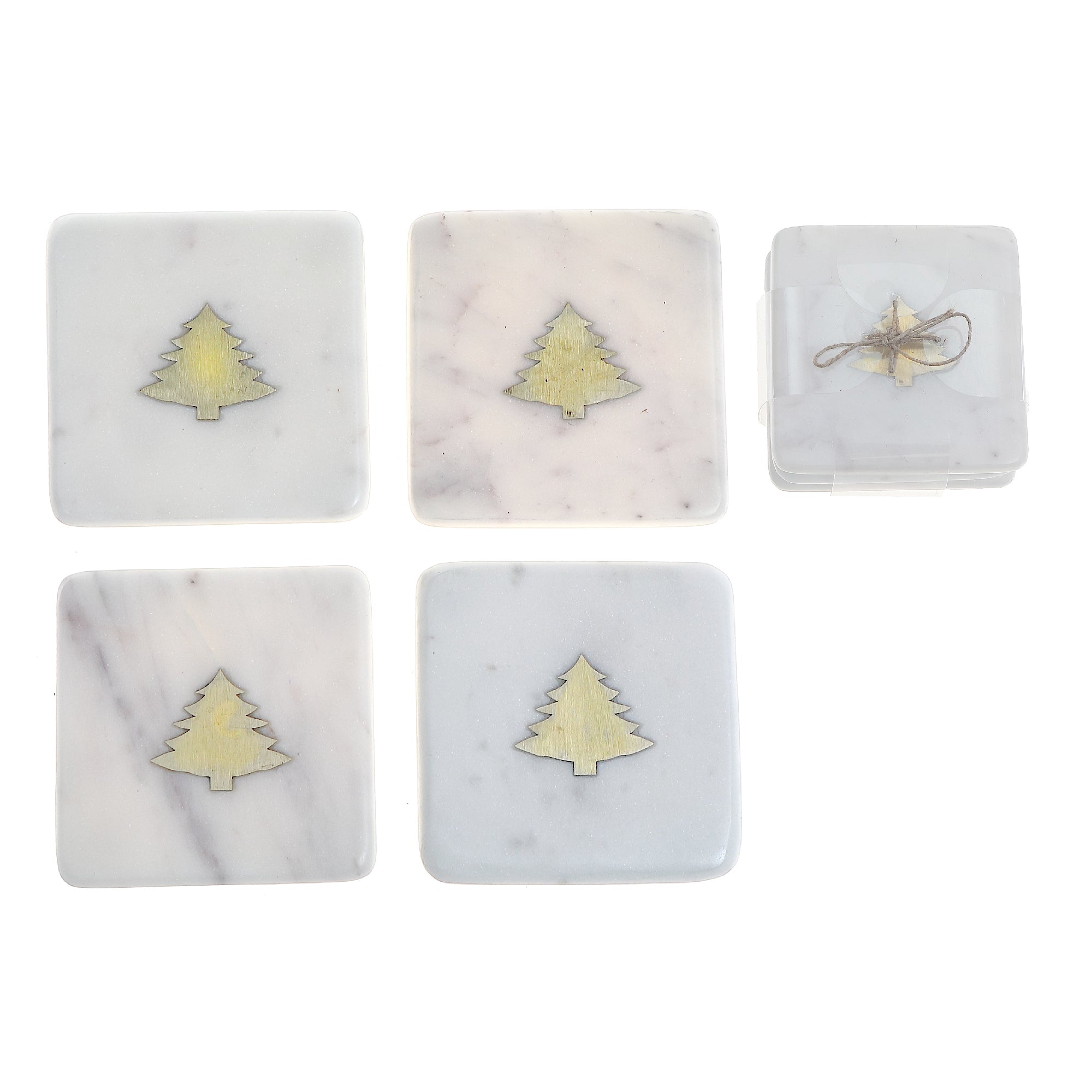 4 Piece White Marble Square Coaster with Tree Brass Inlay 4 by 4 Inches, Christmas Coasters, Holiday Table Decor