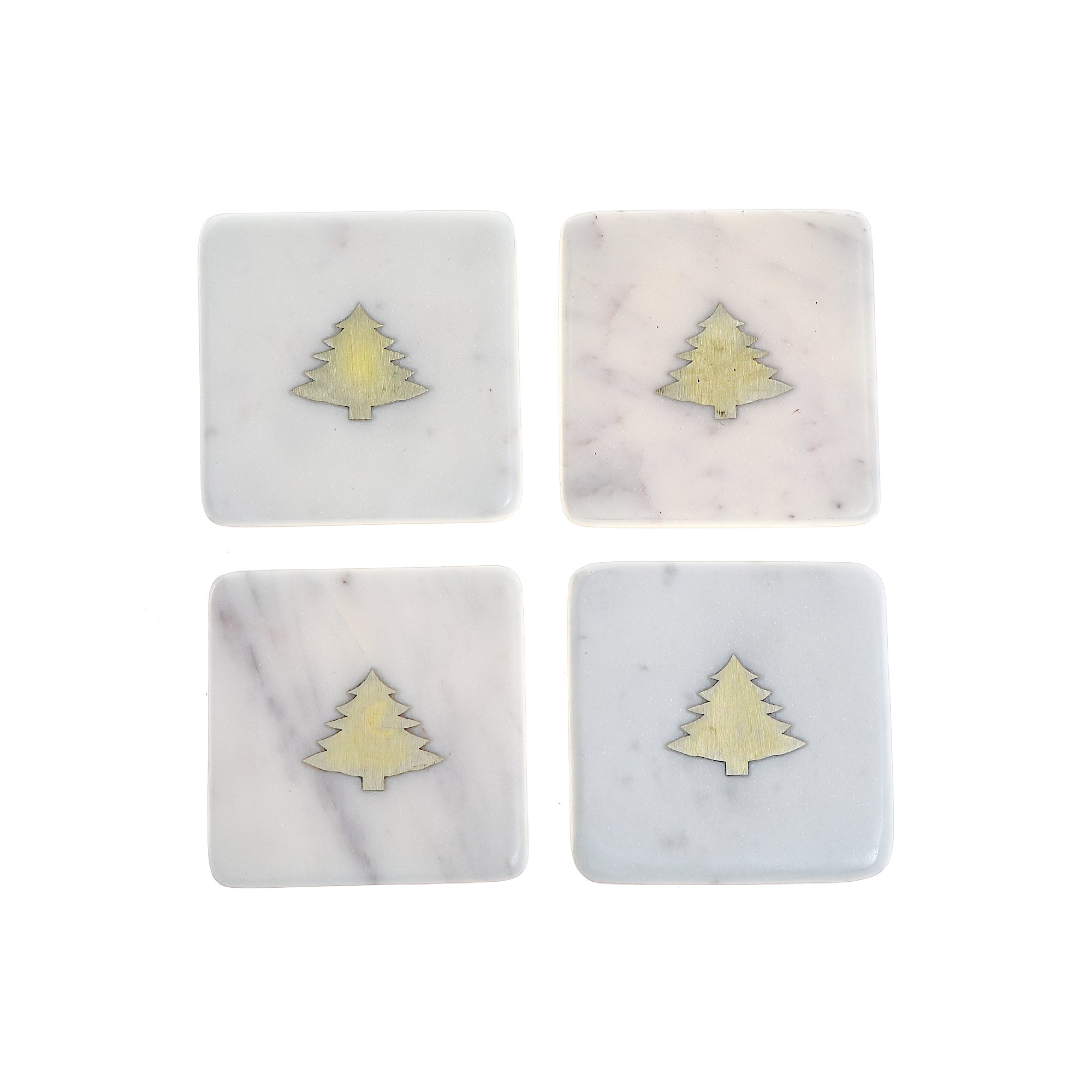 4 Piece White Marble Square Coaster with Tree Brass Inlay 4 by 4 Inches, Christmas Coasters, Holiday Table Decor