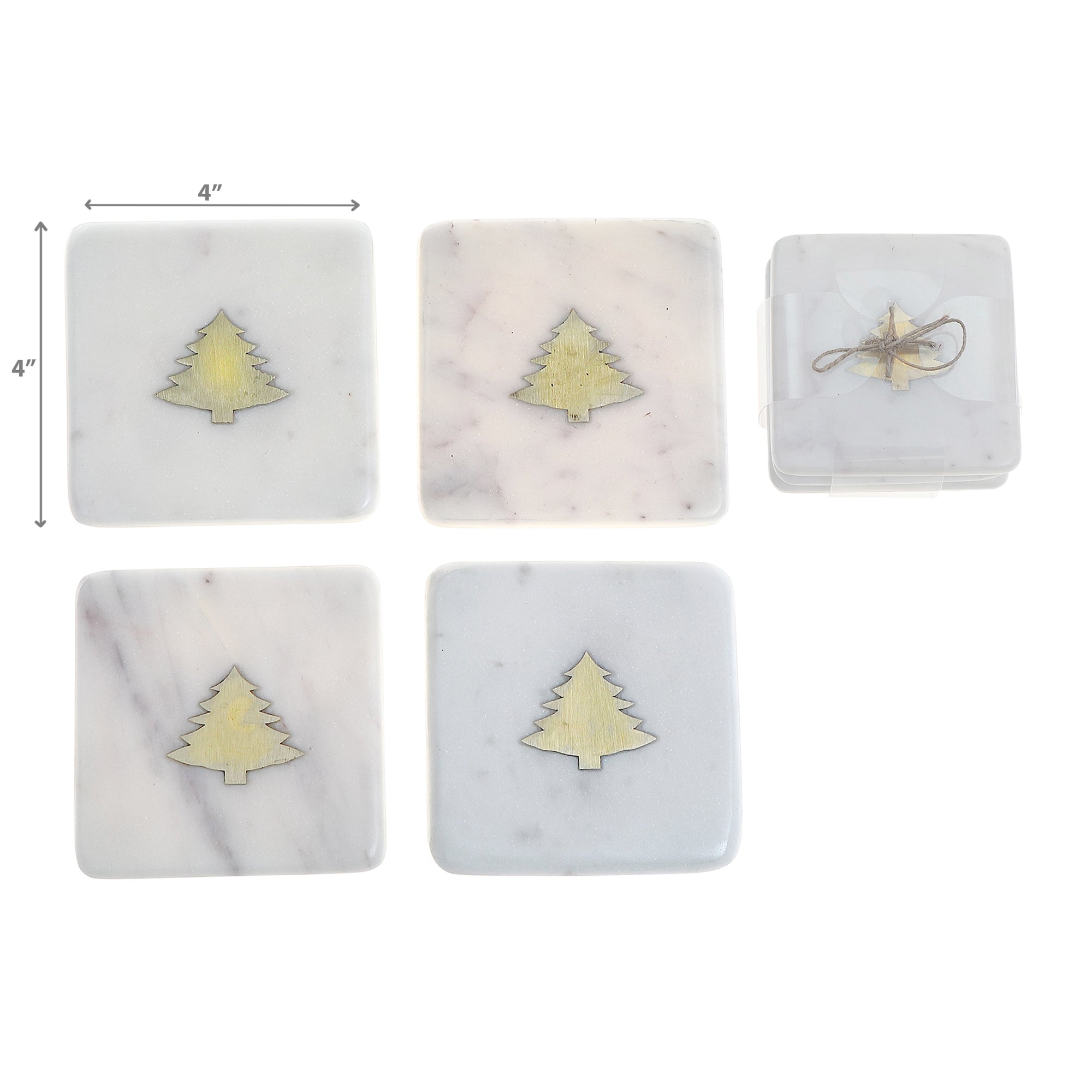 4 Piece White Marble Square Coaster with Tree Brass Inlay 4 by 4 Inches, Christmas Coasters, Holiday Table Decor