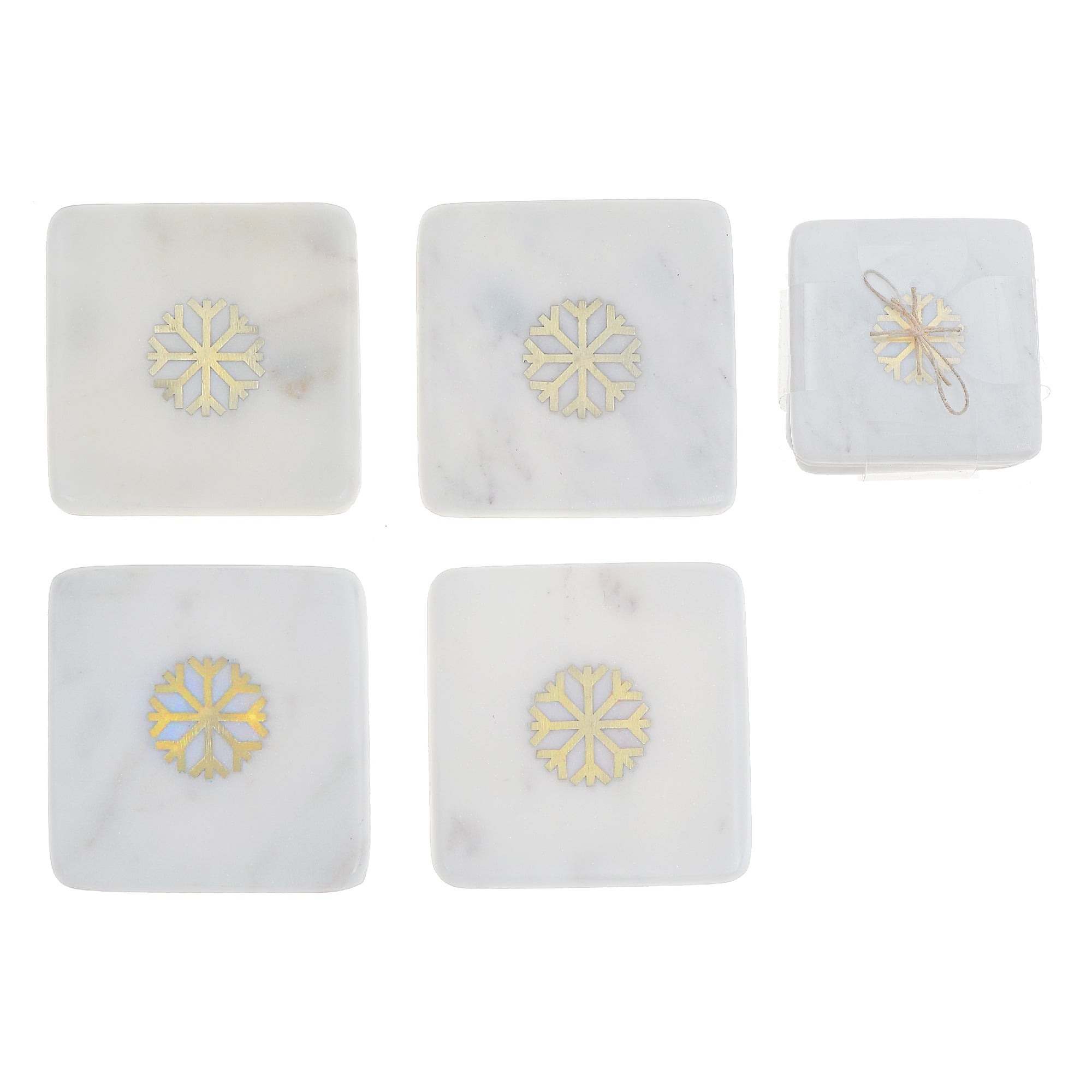 4 Piece White Marble Square Coaster with Snowflake Brass Inlay 4 by 4 Inches, Christmas Coasters, Holiday Table Decor