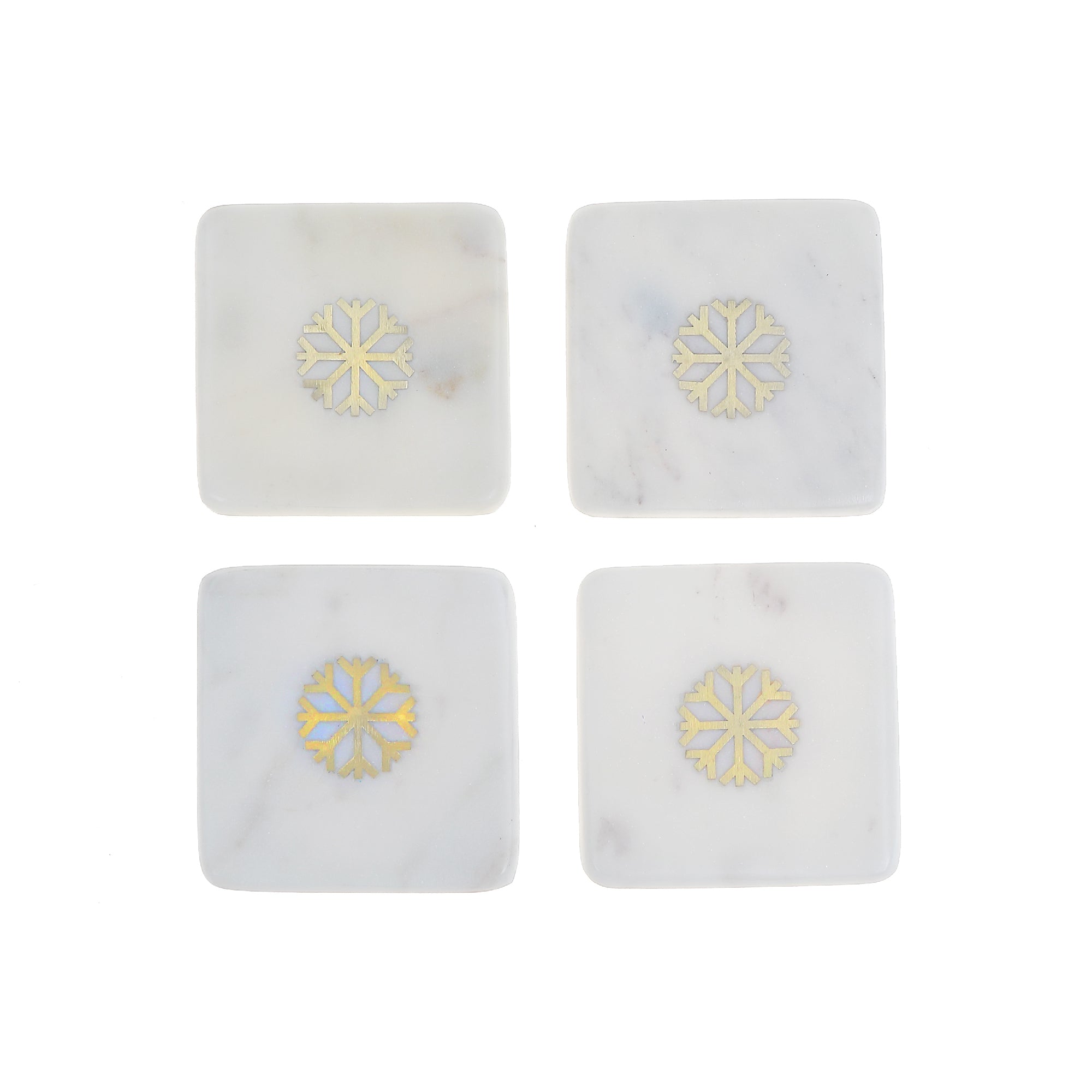4 Piece White Marble Square Coaster with Snowflake Brass Inlay 4 by 4 Inches, Christmas Coasters, Holiday Table Decor
