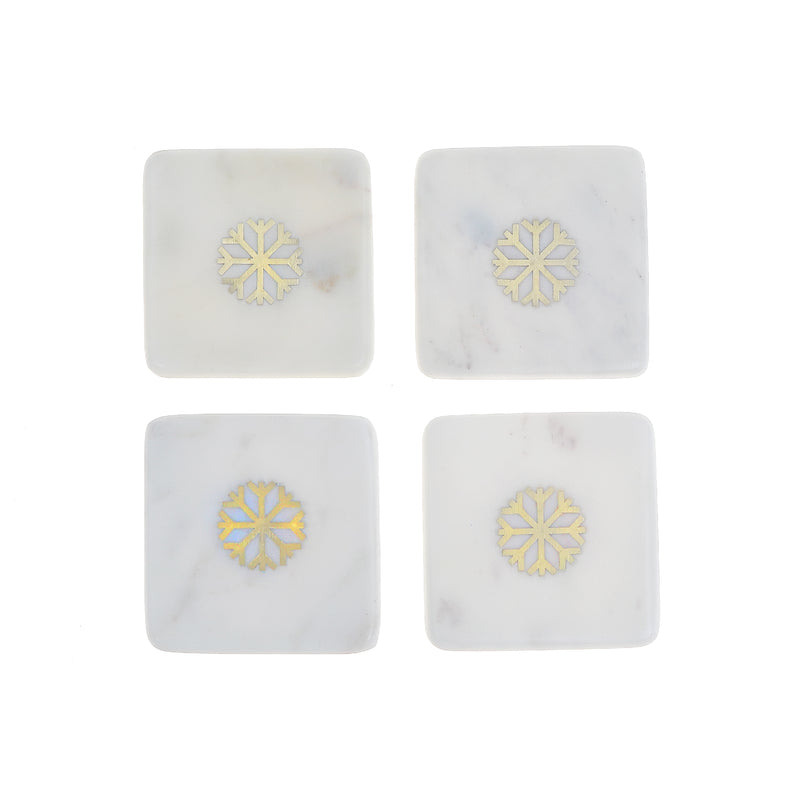 4Pc White Marble Square Coaster W/ Snowflake Brass Inlay (4X4")