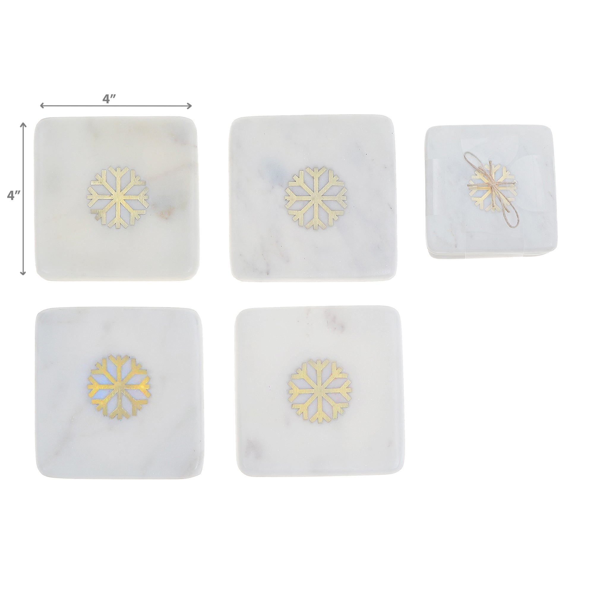4 Piece White Marble Square Coaster with Snowflake Brass Inlay 4 by 4 Inches, Christmas Coasters, Holiday Table Decor