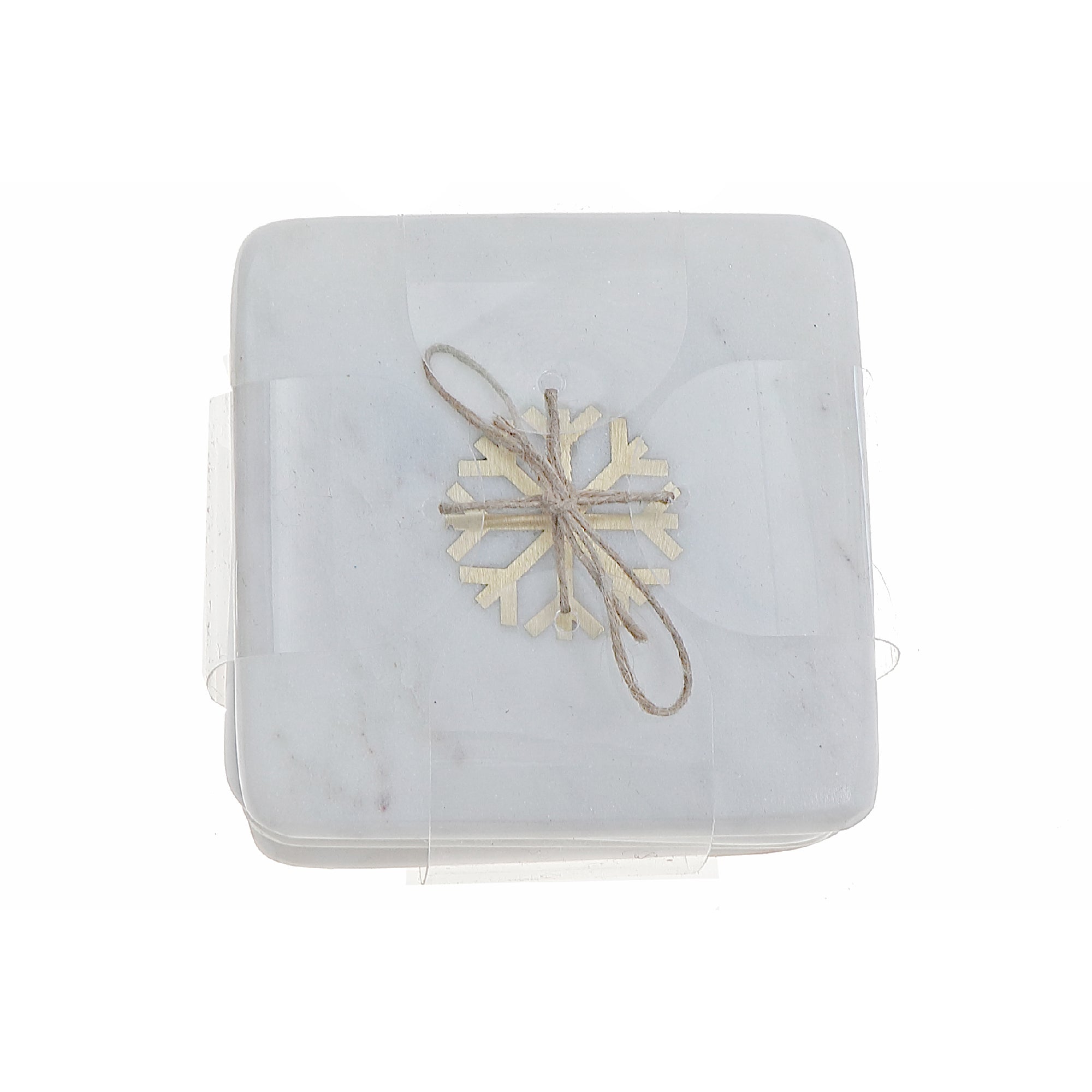 4 Piece White Marble Square Coaster with Snowflake Brass Inlay 4 by 4 Inches, Christmas Coasters, Holiday Table Decor