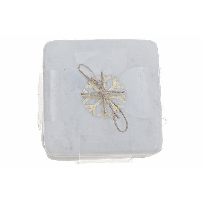 4Pc White Marble Square Coaster W/ Snowflake Brass Inlay (4X4")