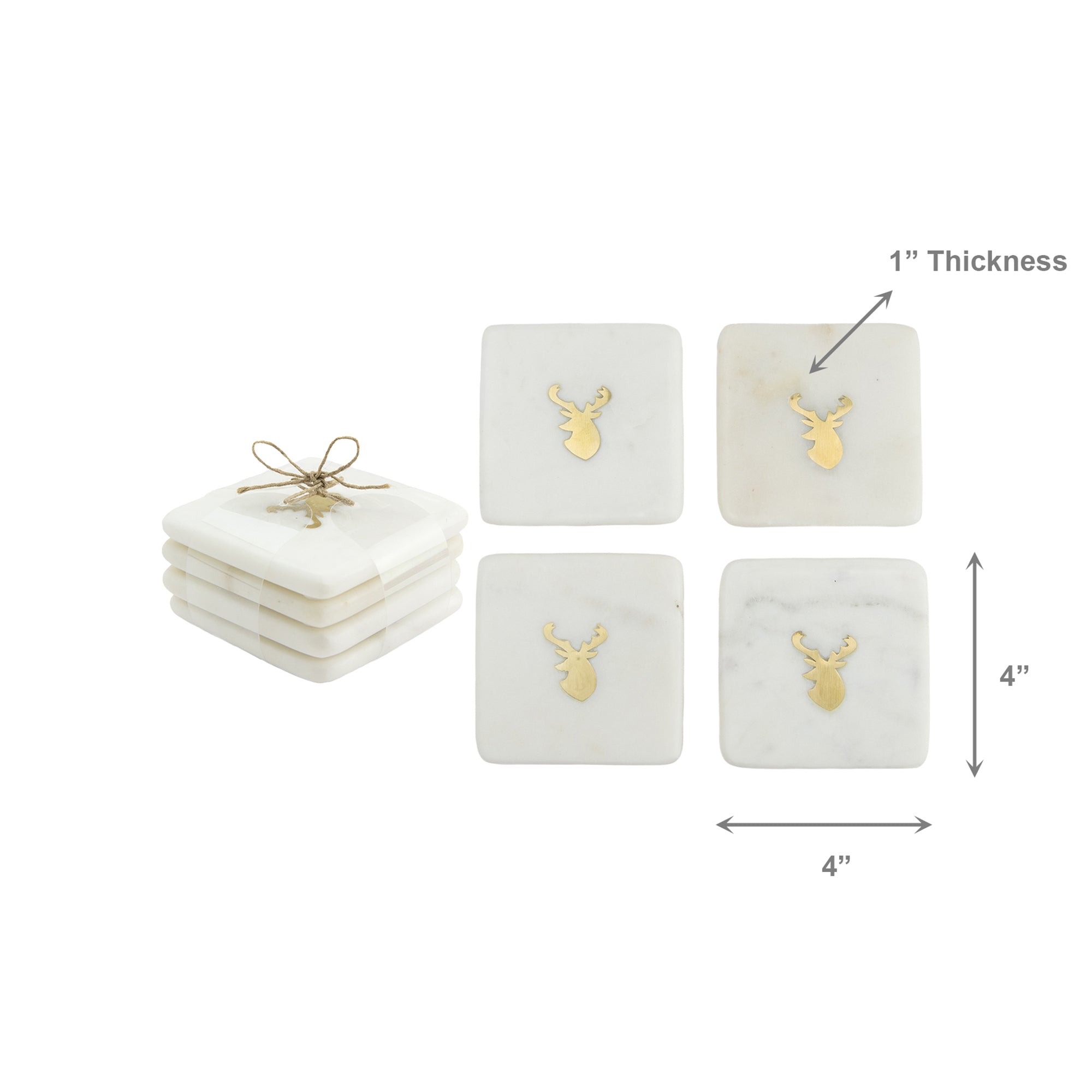 White Marble Square Coaster With Brass Inlay Deer Head Set of 4, Coaster Set, Holiday Decor