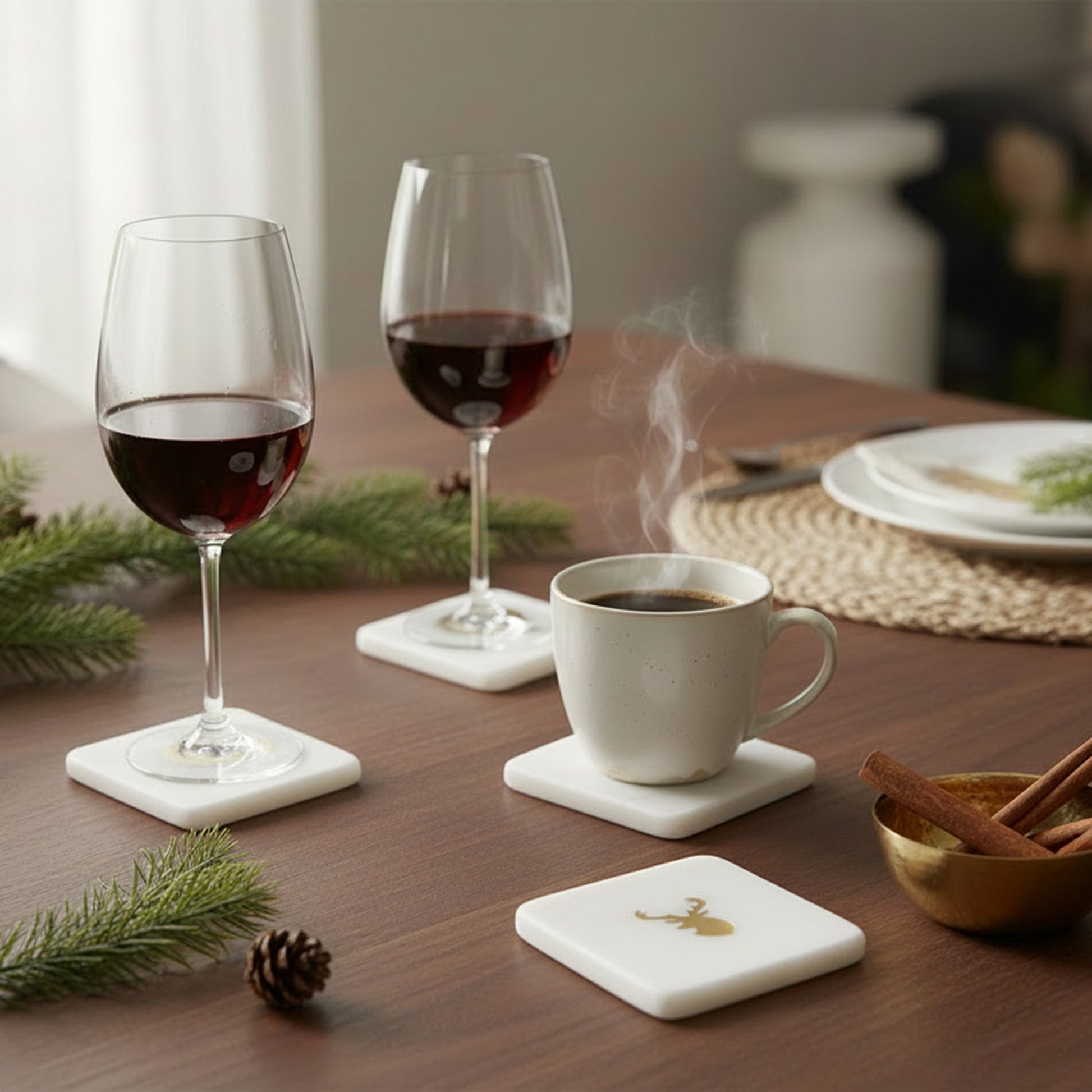 White Marble Square Coaster With Brass Inlay Deer Head Set of 4, Coaster Set, Holiday Decor