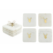 White Marble Square Coaster With Brass Inlay Deer Head Set of 4, Coaster Set, Holiday Decor
