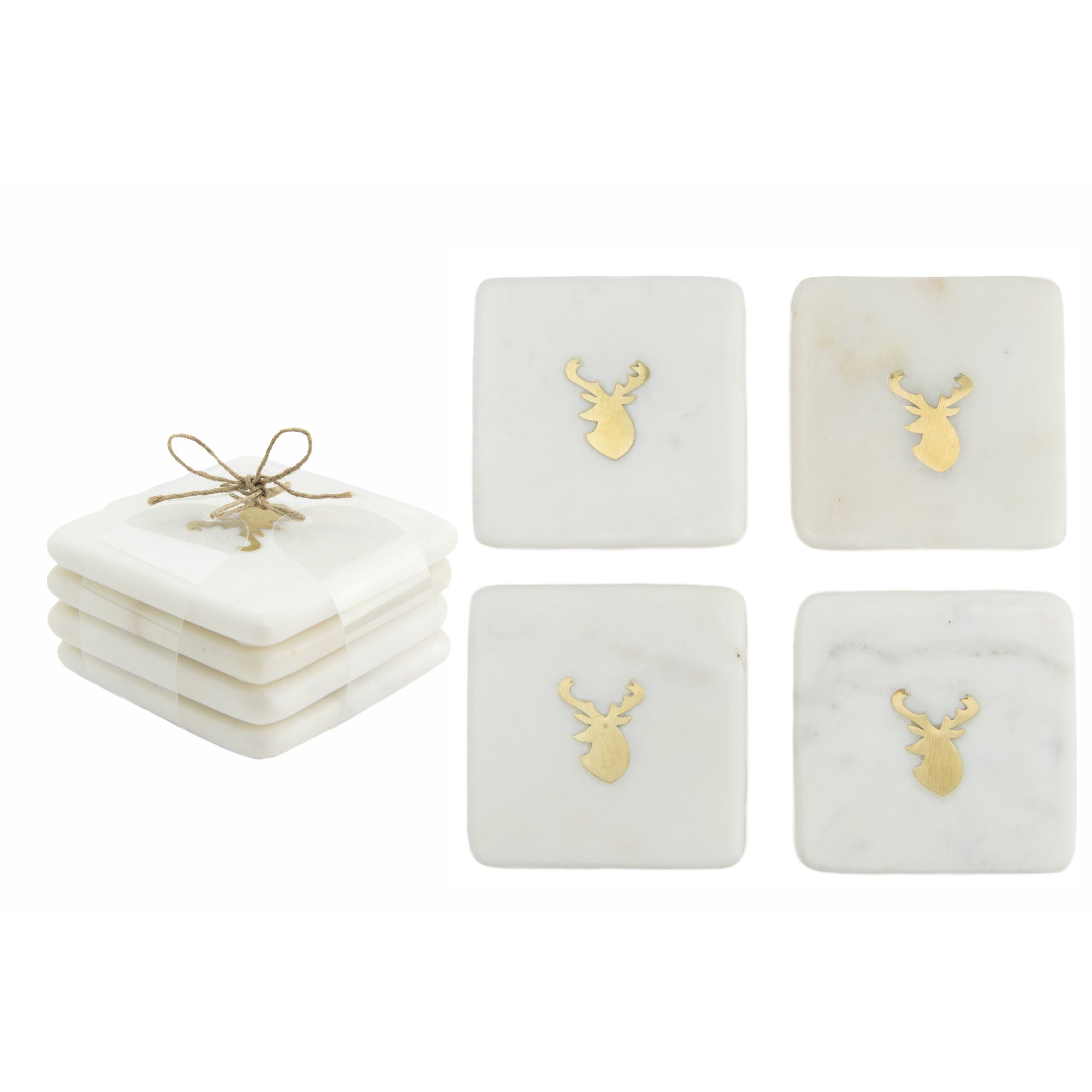 White Marble Square Coaster With Brass Inlay Deer Head Set of 4, Coaster Set, Holiday Decor