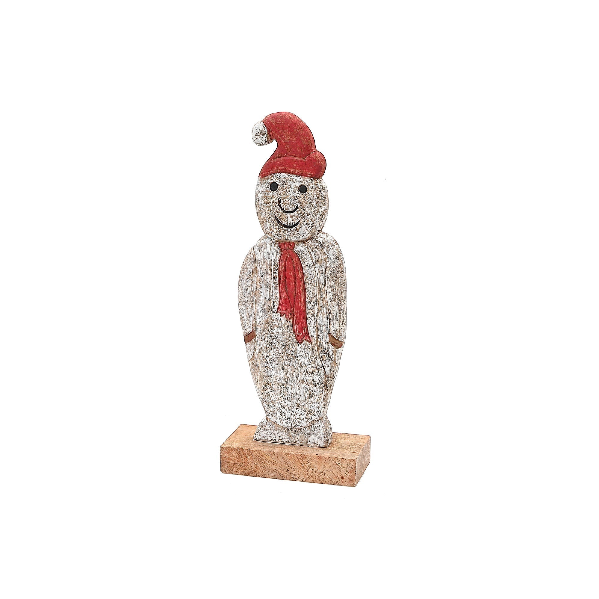 Christmas Mango Wood Snowman On Base, Holiday Table Decor, Festive Accent