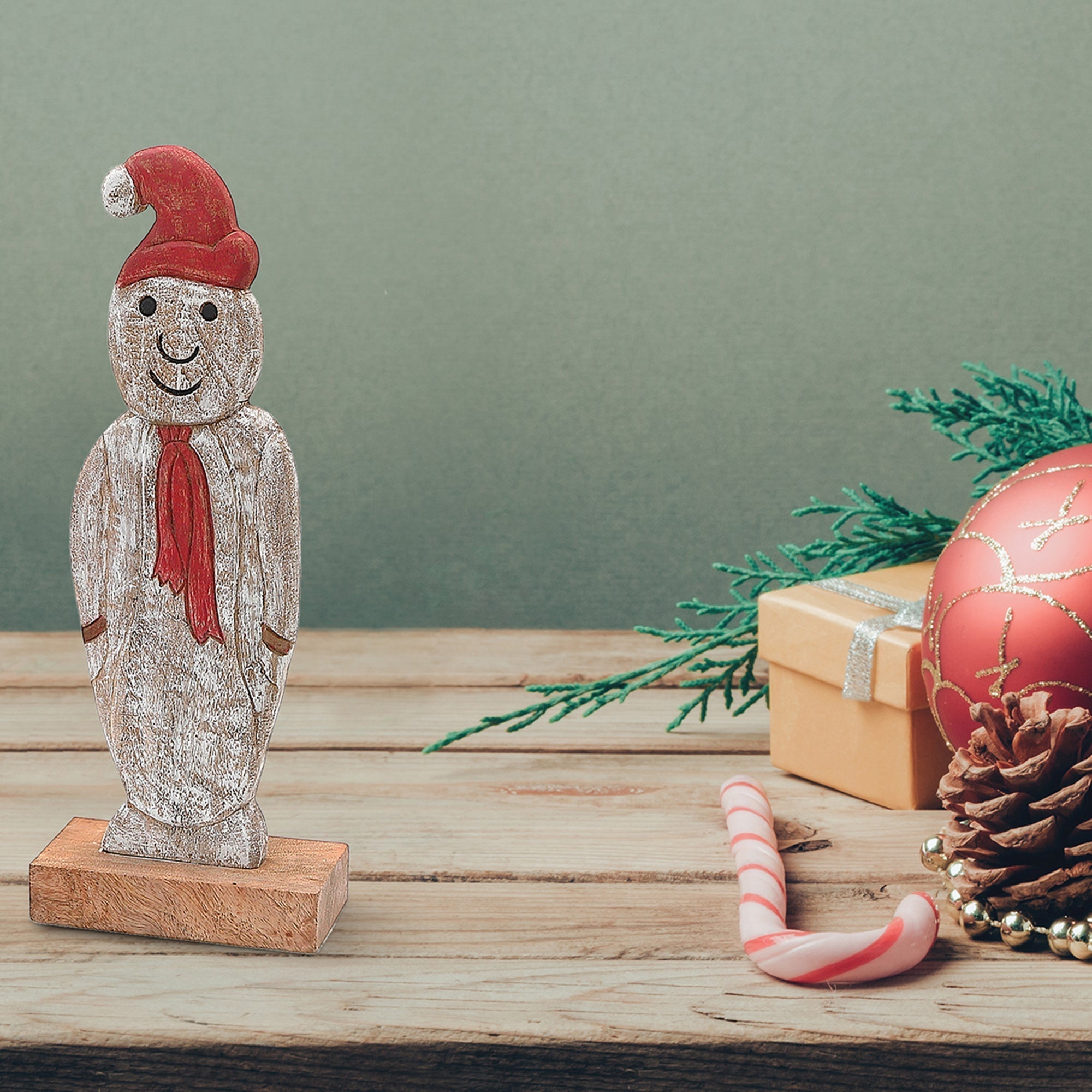 Christmas Mango Wood Snowman On Base, Holiday Table Decor, Festive Accent