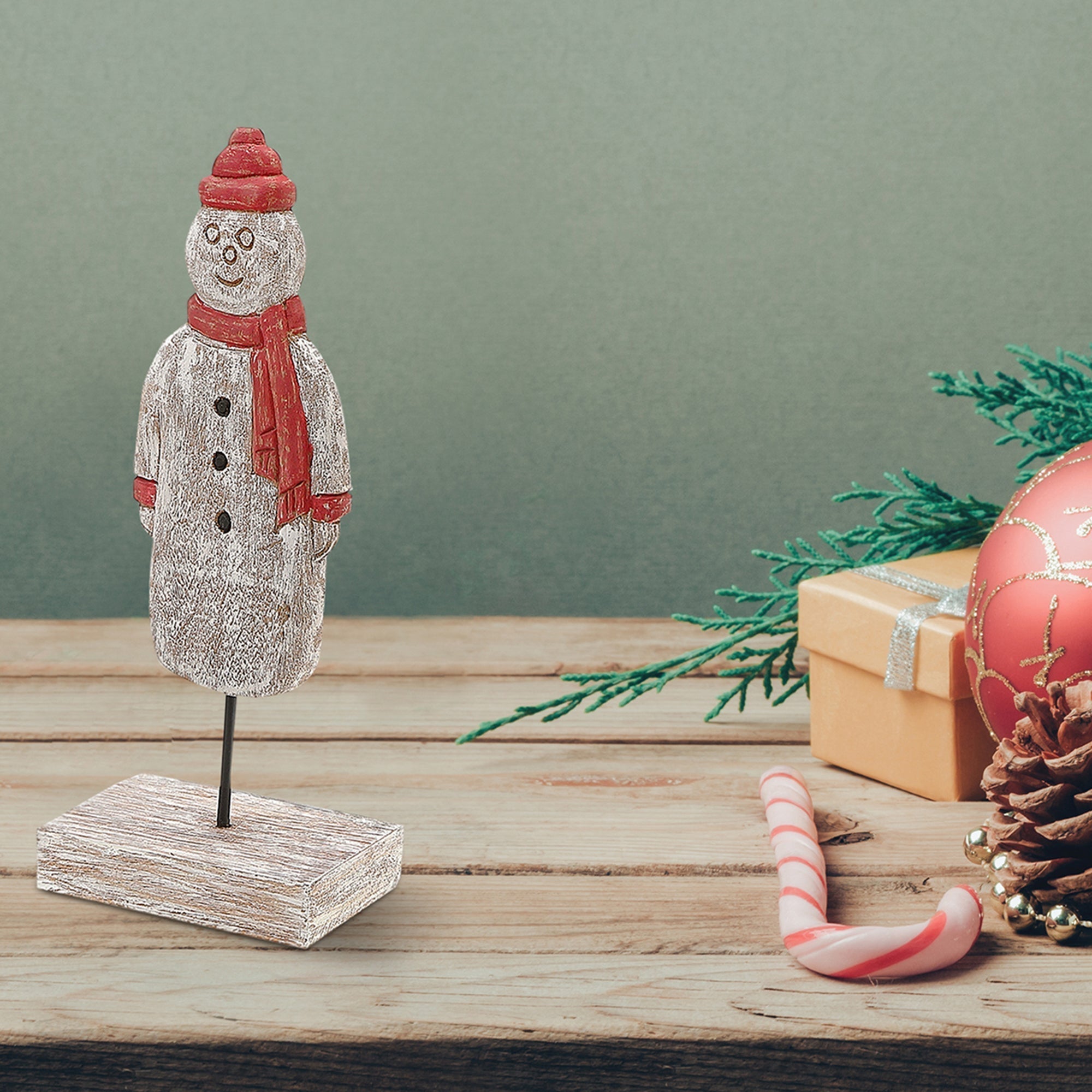 Christmas Wooden Snowman Figurine With Scarf And Toque, Holiday Decor, Festive Accent