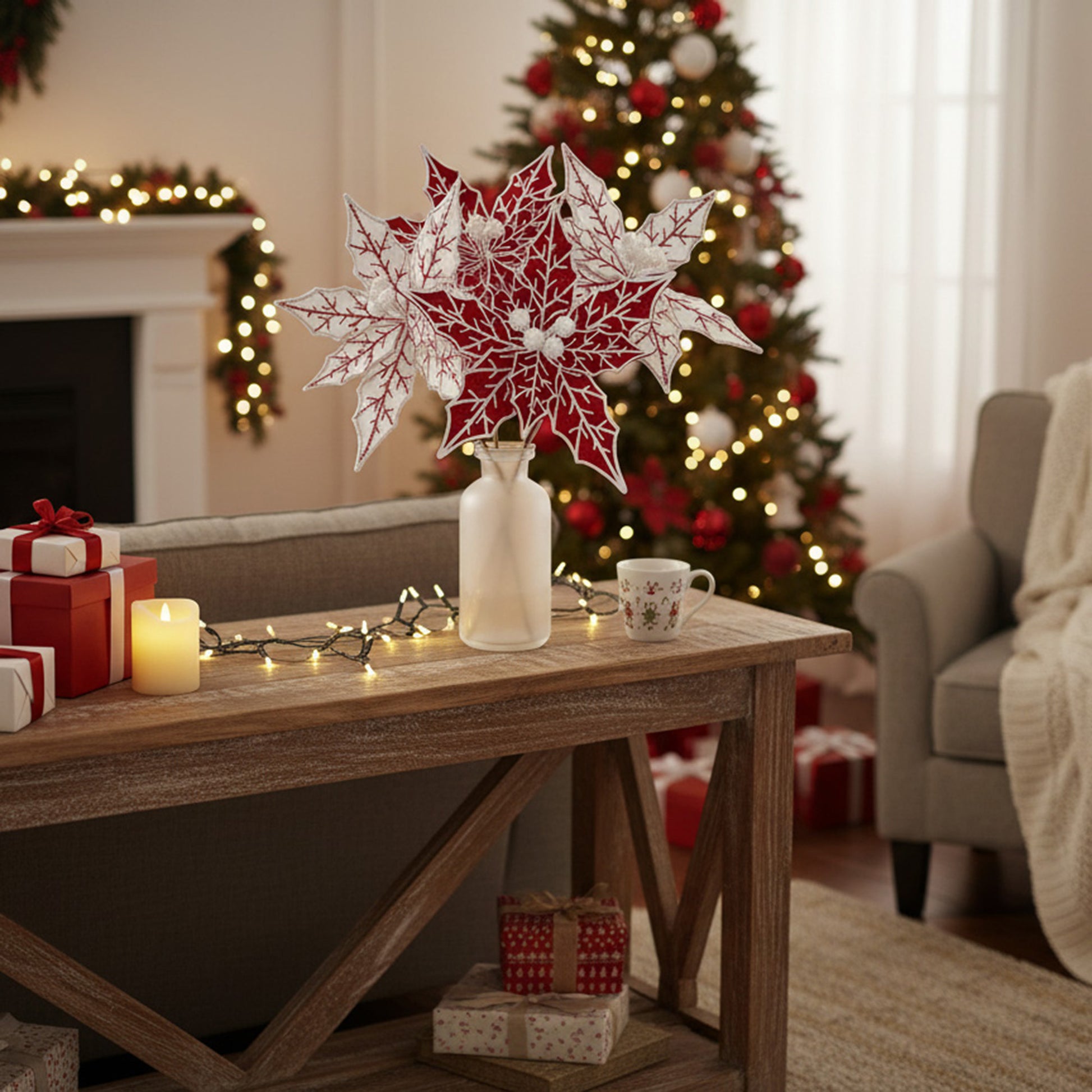 Poinsettia Pick with Vein Patterns Assorted, Christmas, Holiday Decor- Set of 6