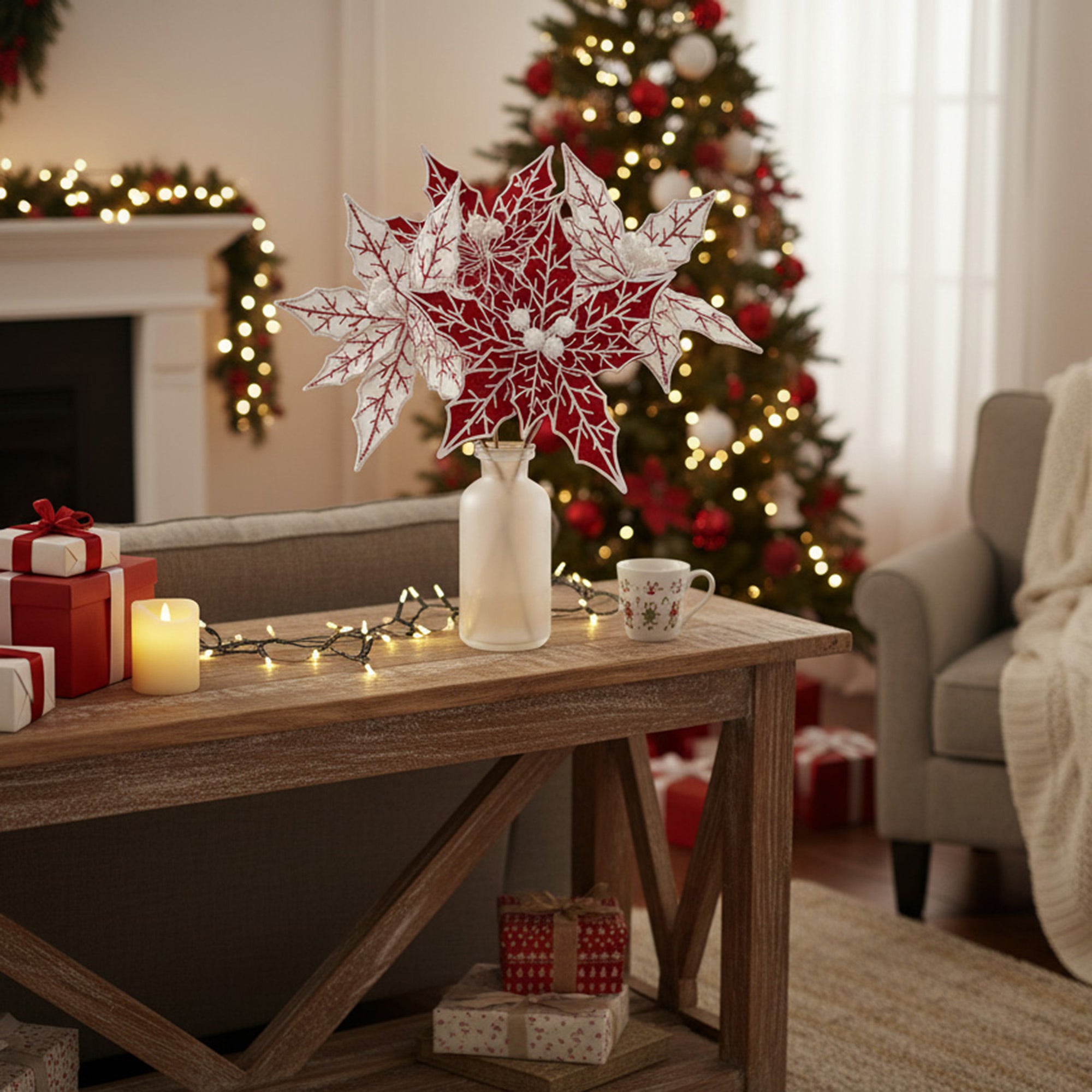 Poinsettia Pick with Vein Patterns Assorted, Christmas, Holiday Decor- Set of 6