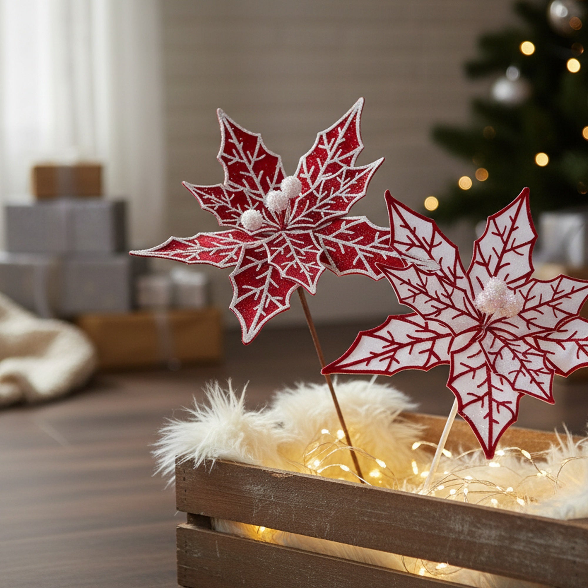 Poinsettia Pick with Vein Patterns Assorted, Christmas, Holiday Decor- Set of 6