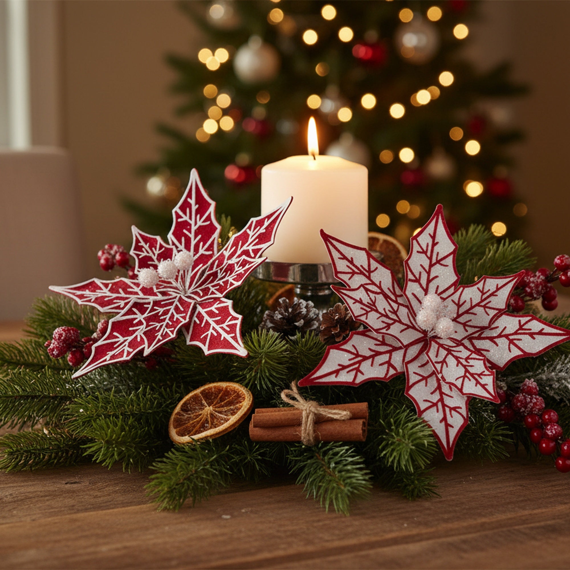 Poinsettia Pick with Vein Patterns Assorted, Christmas, Holiday Decor- Set of 6