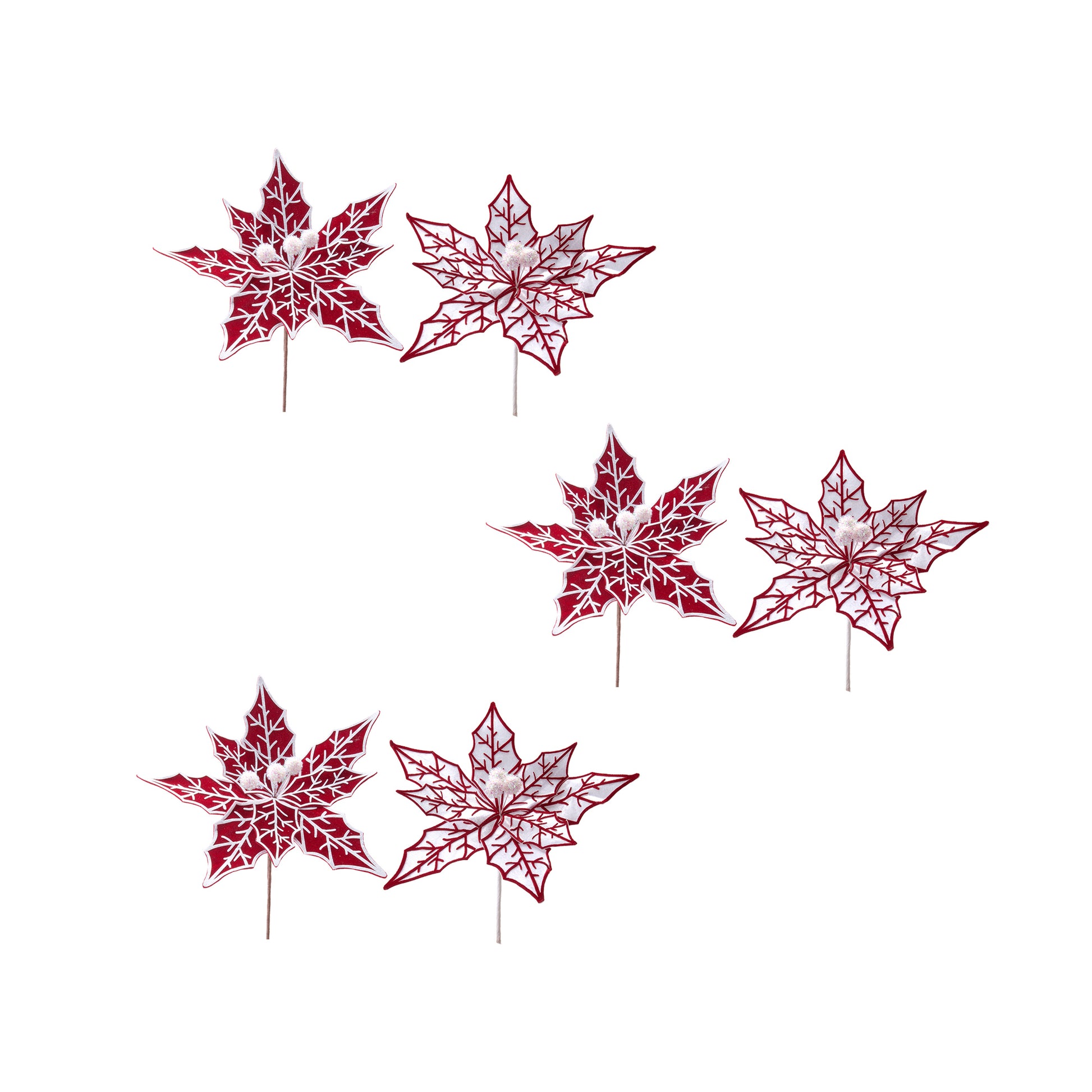 Poinsettia Pick with Vein Patterns Assorted, Christmas, Holiday Decor- Set of 6