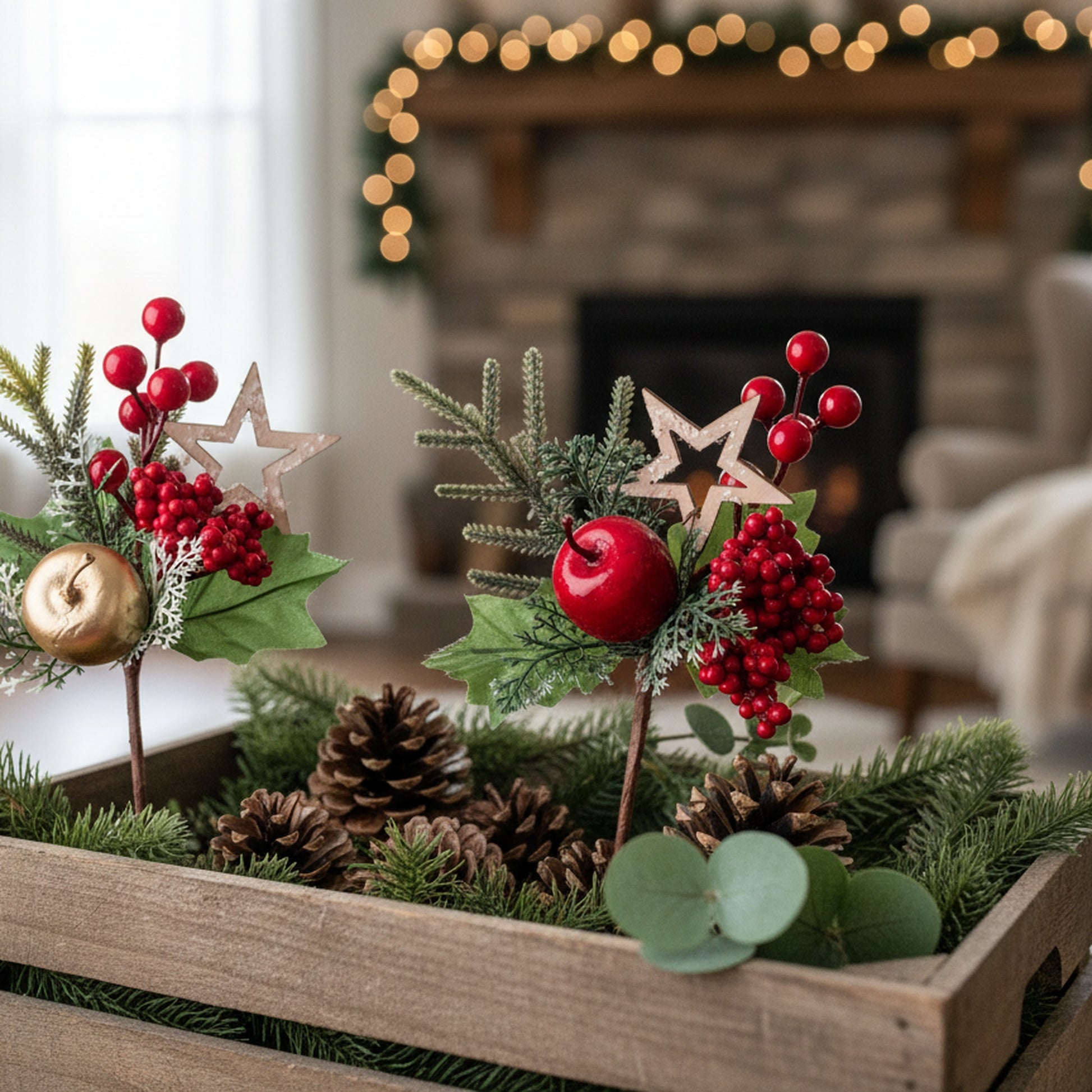 Berry and Apple Pick with Star Assorted, Holiday Decor- Set of 6