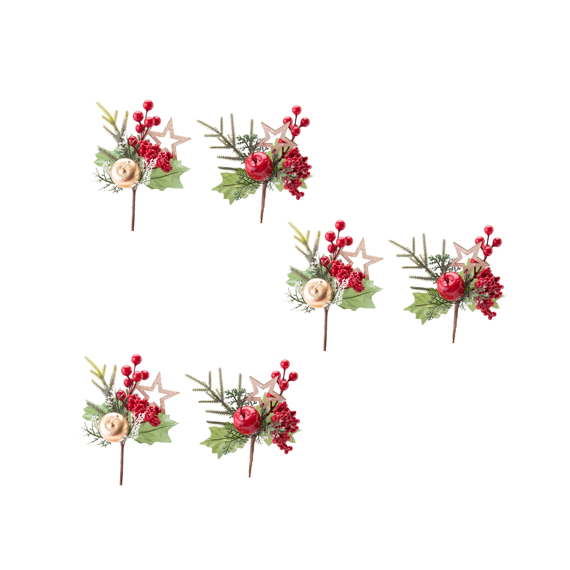 Berry and Apple Pick with Star Assorted, Holiday Decor- Set of 6