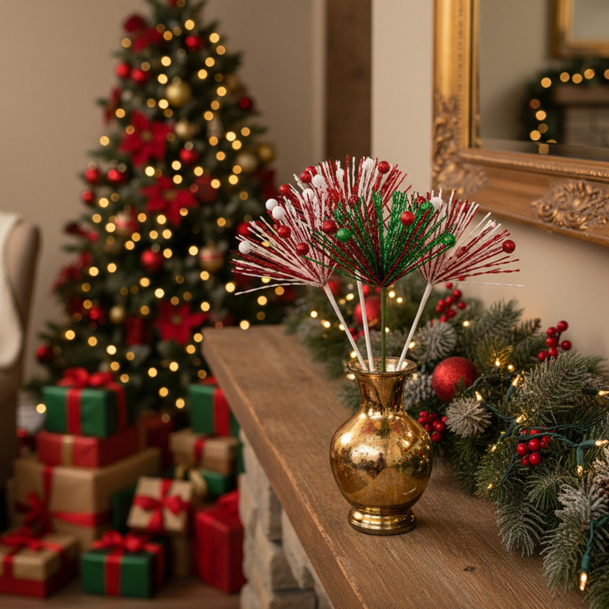 Ball and Tinsel Holiday Pick Assorted, Floral Pick, Holiday Decor- Set of 4