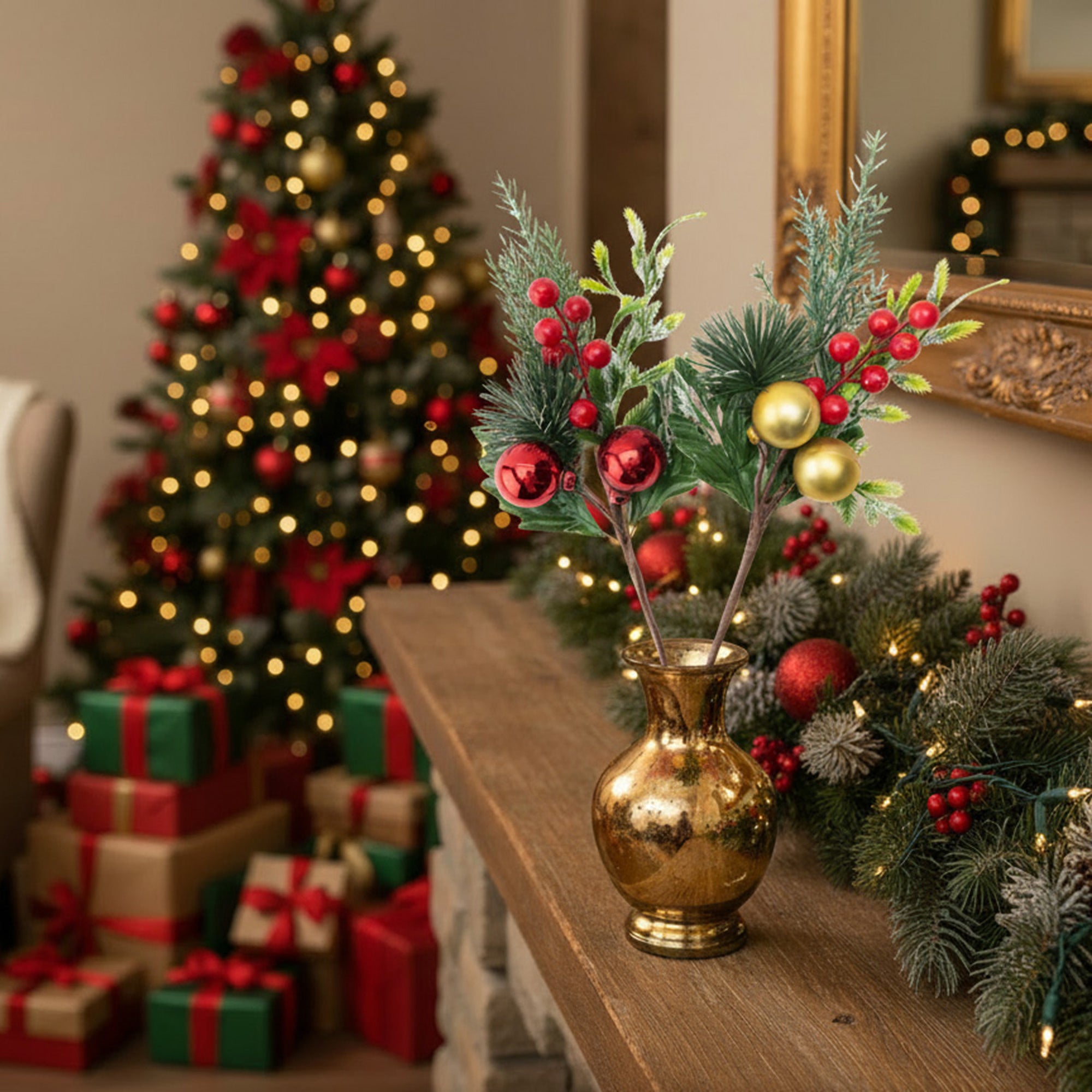 Holiday Pine and Mixed Berries Pick Assorted, Floral Pick, Holiday Decor- Set of 4