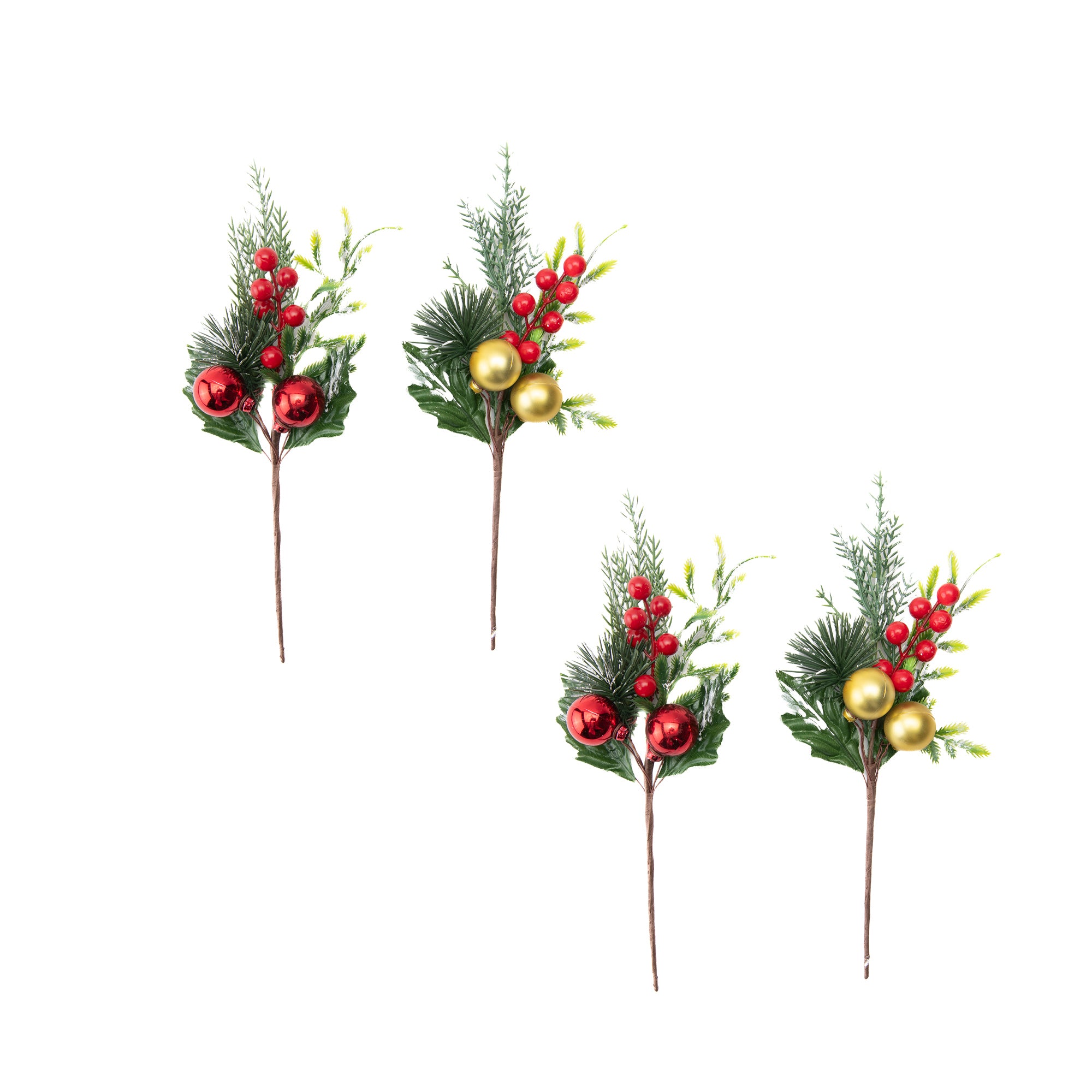 Holiday Pine and Mixed Berries Pick Assorted, Floral Pick, Holiday Decor- Set of 4