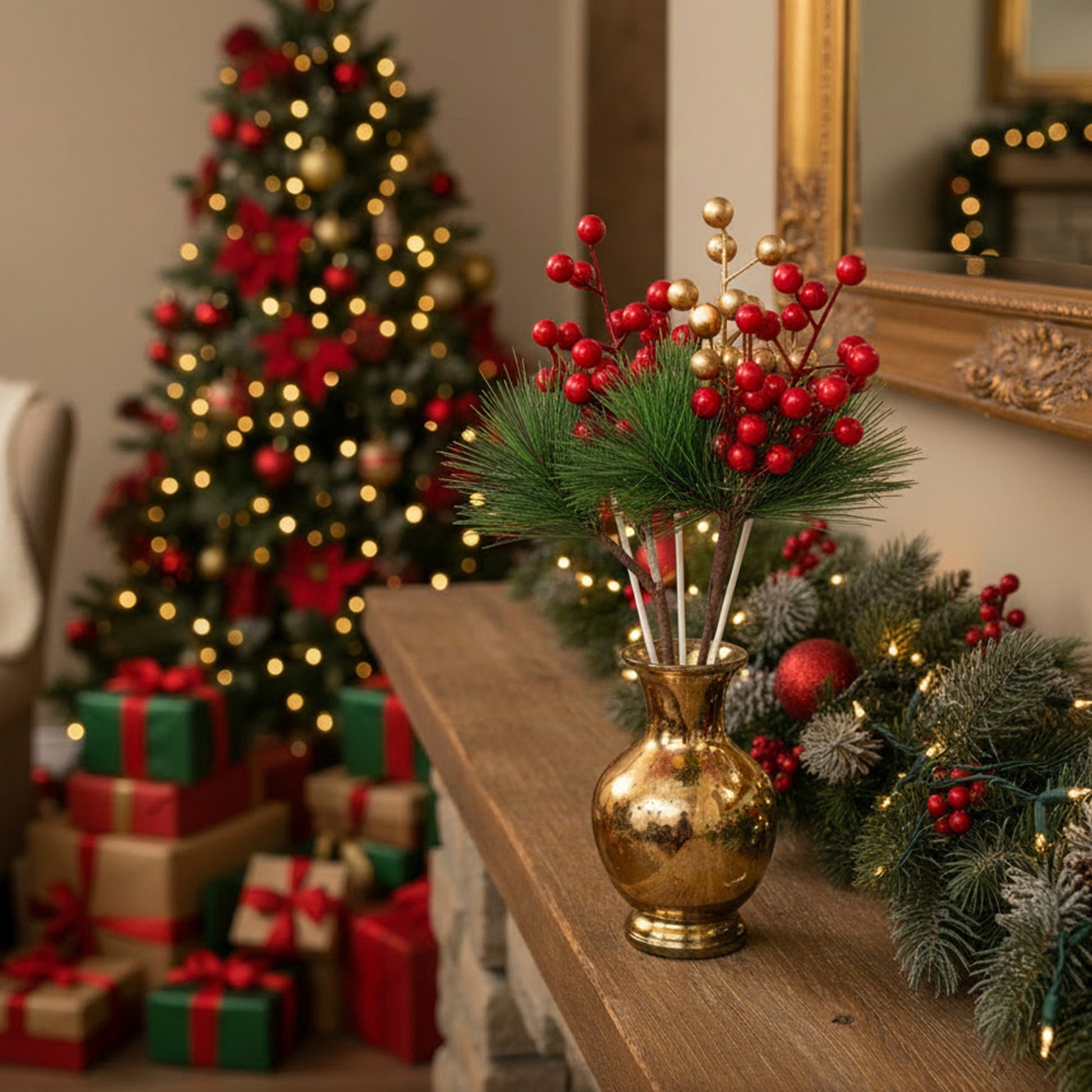 Pine Needles and Berries Pick Assorted, Floral Pick, Holiday Decor- Set of 4