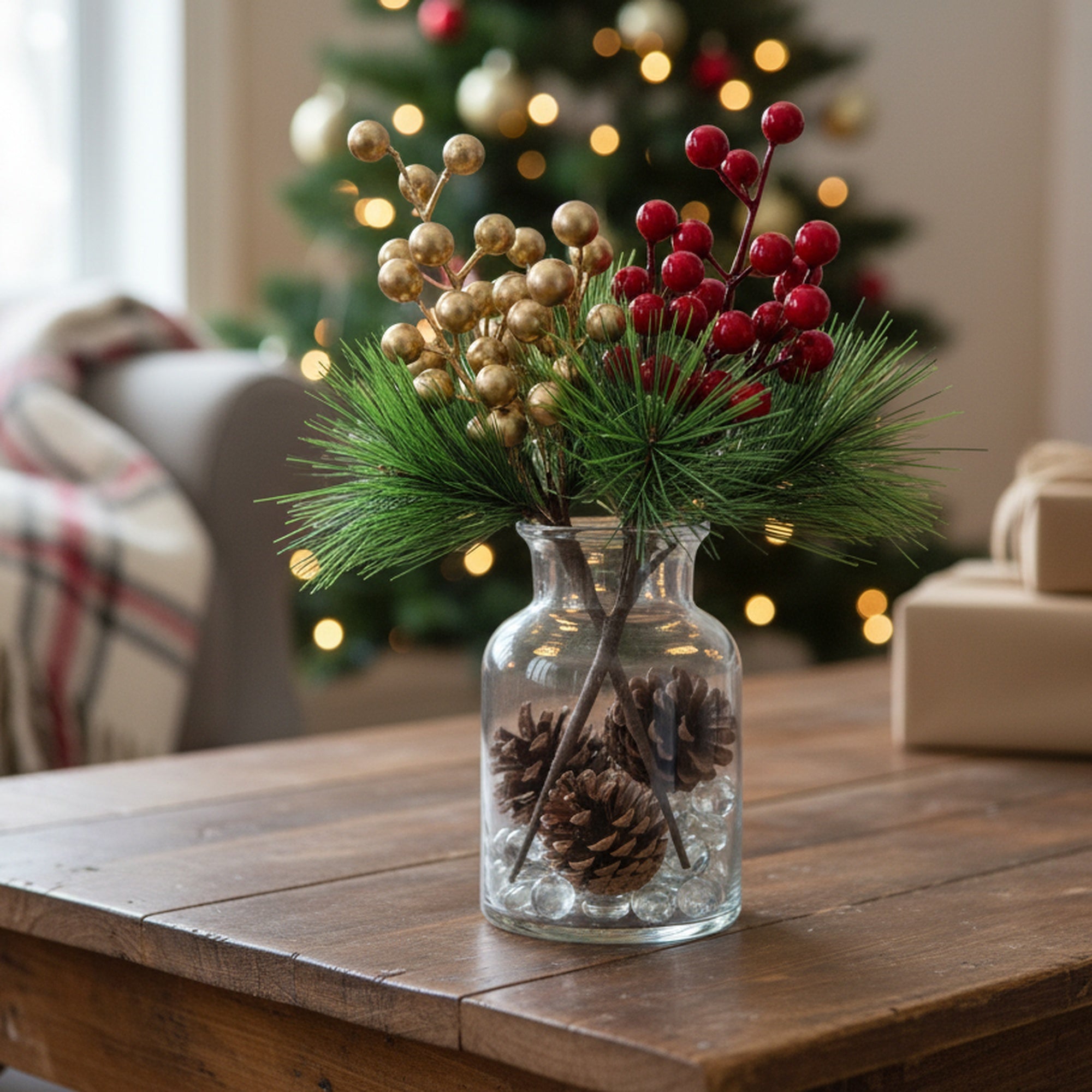 Pine Needles and Berries Pick Assorted, Floral Pick, Holiday Decor- Set of 4