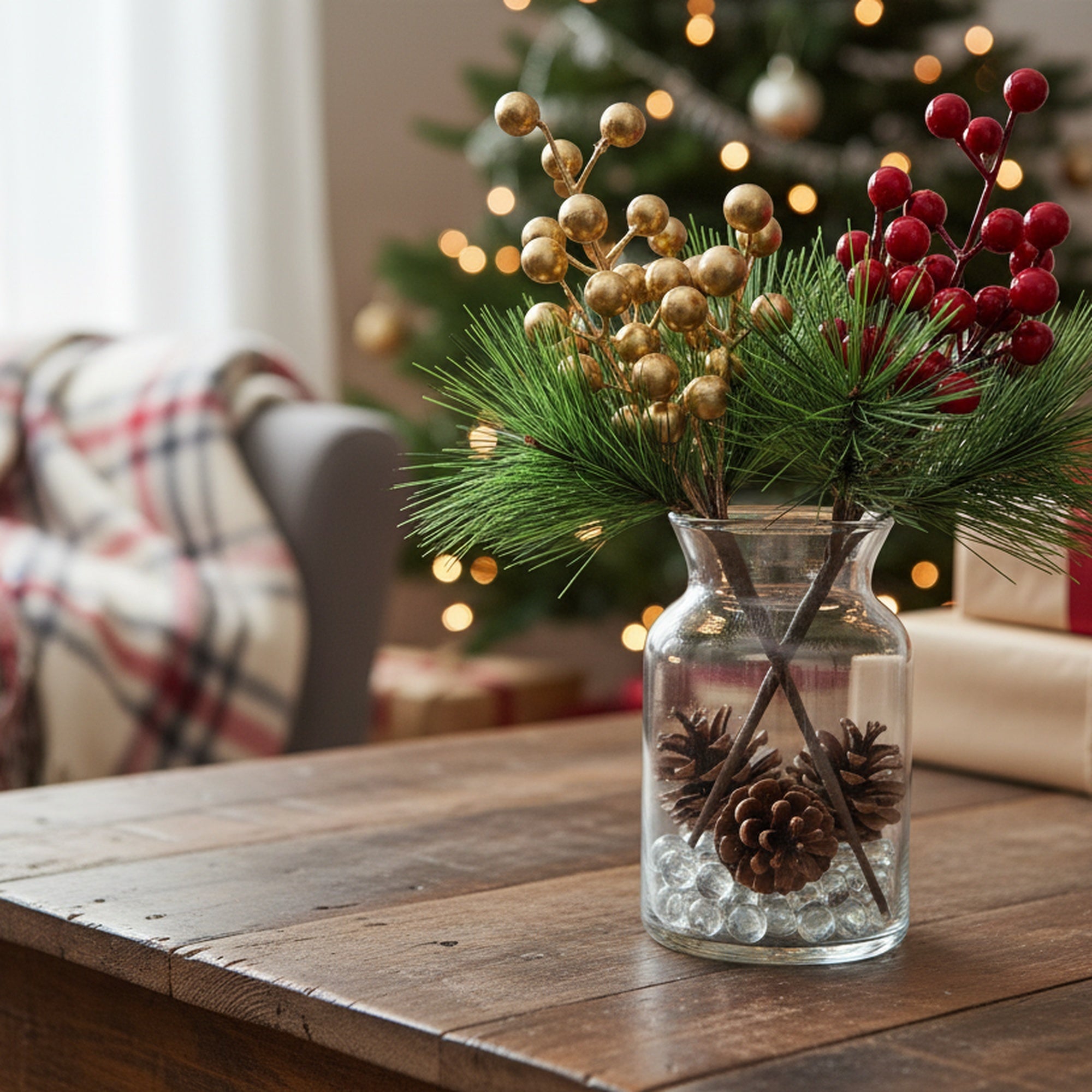 Pine Needles and Berries Pick Assorted, Floral Pick, Holiday Decor- Set of 4