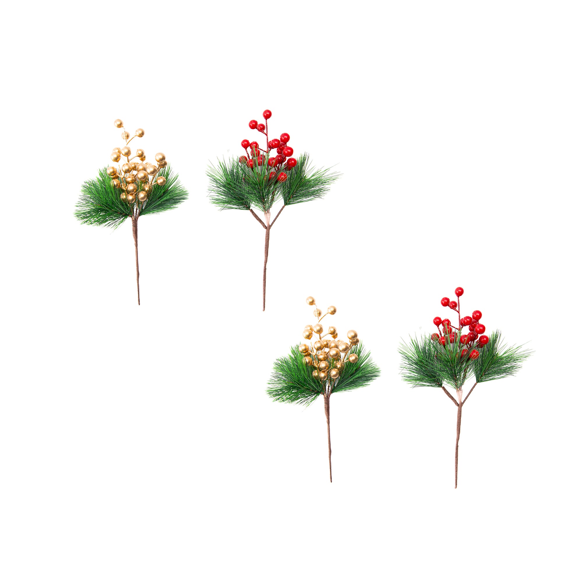 Pine Needles and Berries Pick Assorted, Floral Pick, Holiday Decor- Set of 4