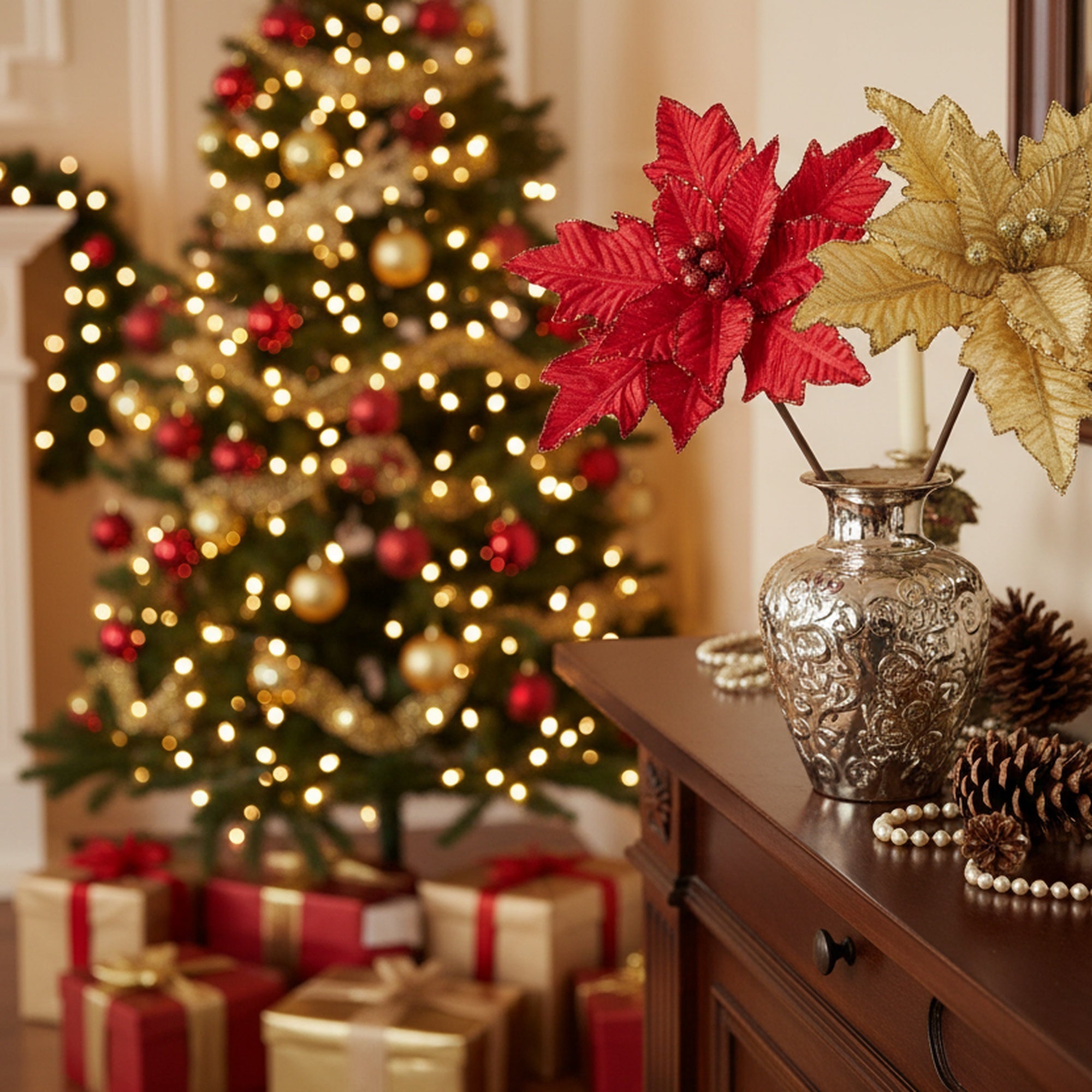 Metallic Poinsettia with Glitter Berries Pick Assorted, Christmas, Floral Pick, Holiday Decor- Set of 4