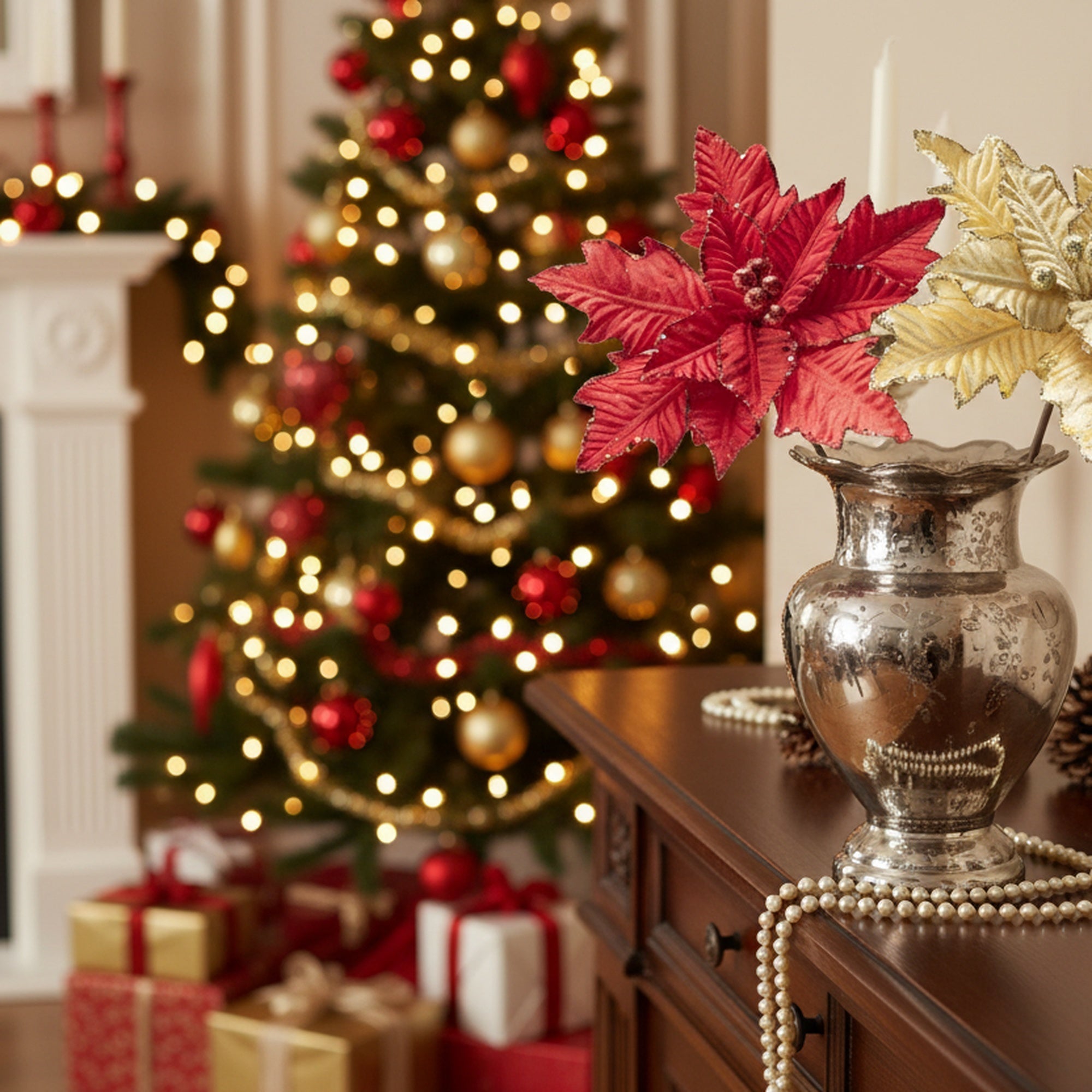 Metallic Poinsettia with Glitter Berries Pick Assorted, Christmas, Floral Pick, Holiday Decor- Set of 4